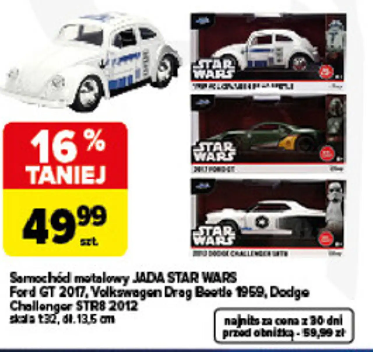 Samochód metalowy JADA STAR WARS Ford GT 2017, Volkswagen Drag Beetle 1959, Dodge Challenger STR8 2012 skala 1:32, dł. 13,5 cm