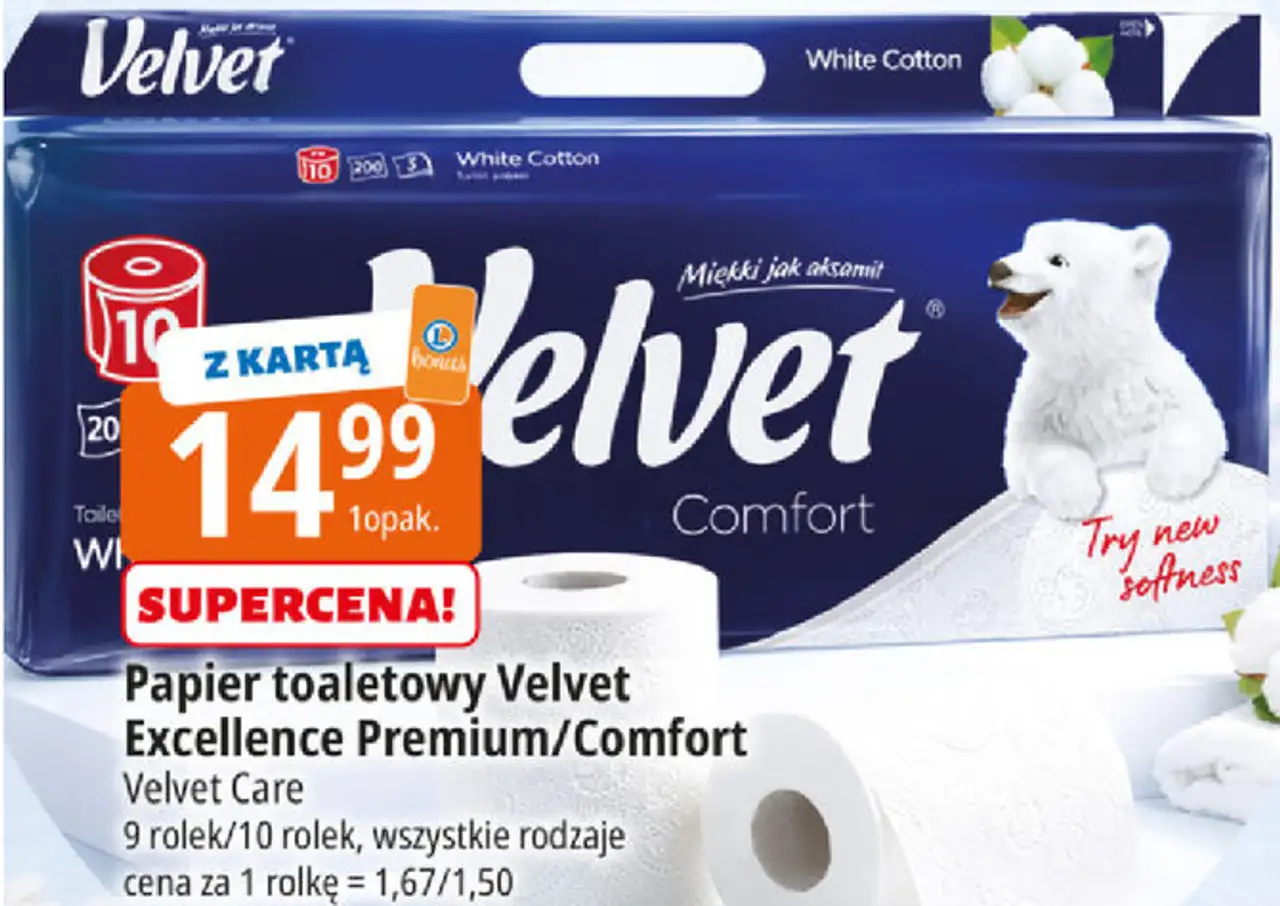 Papier toaletowy Velvet Excellence Premium/Comfort Velvet Care 9 rolek/10 rolek, wszystkie rodzaje