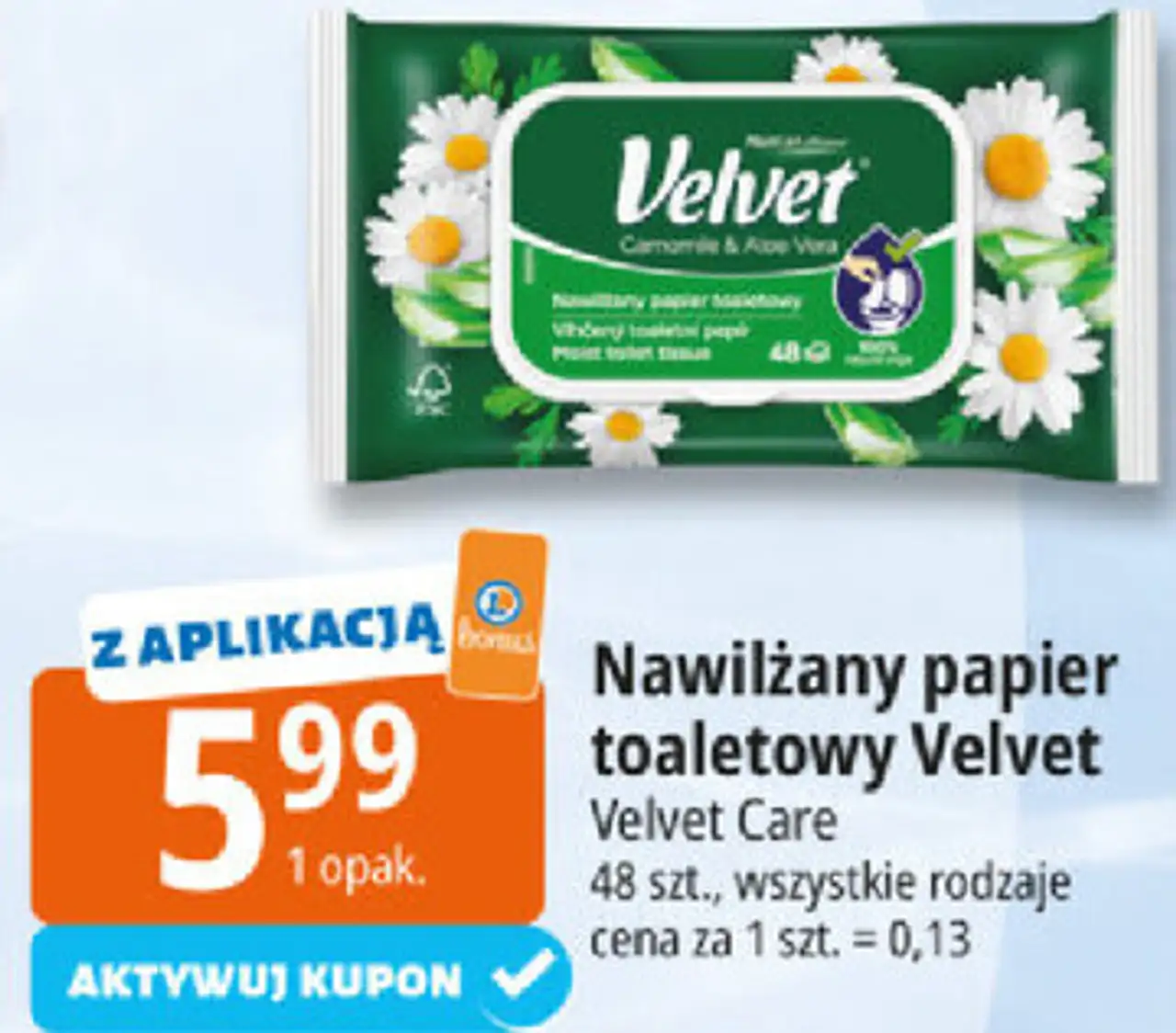 Nawilżany papier toaletowy Velvet Velvet Care 48 szt., wszystkie rodzaje