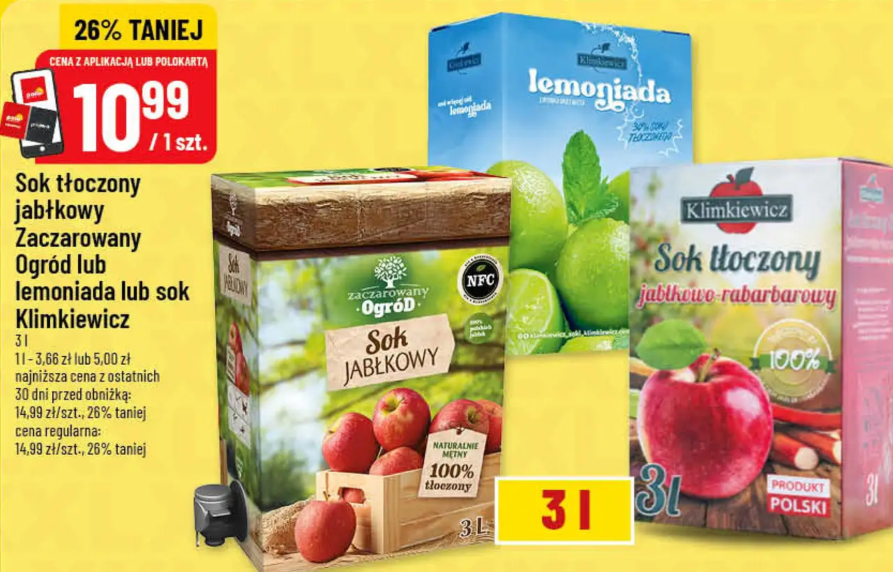 Sok tłoczony jabłkowy Zaczarowany Ogród lub lemoniada lub sok Klimkiewicz