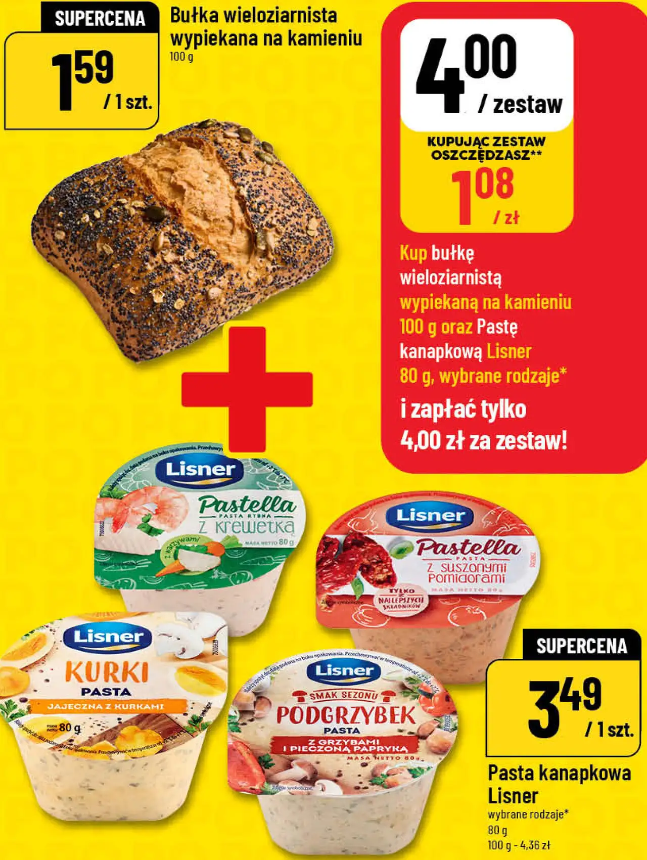Kup bułkę wieloziarnistą wypiekaną na kamieniu 100 g oraz Pastę kanapkową Lisner 80 g, wybrane rodzaje*