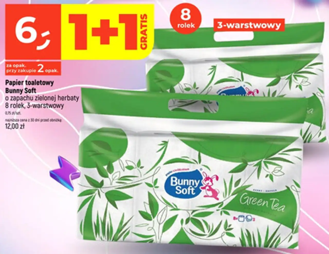 Papier toaletowy Bunny Soft o zapachu zielonej herbaty 8 rolek, 3-warstwowy