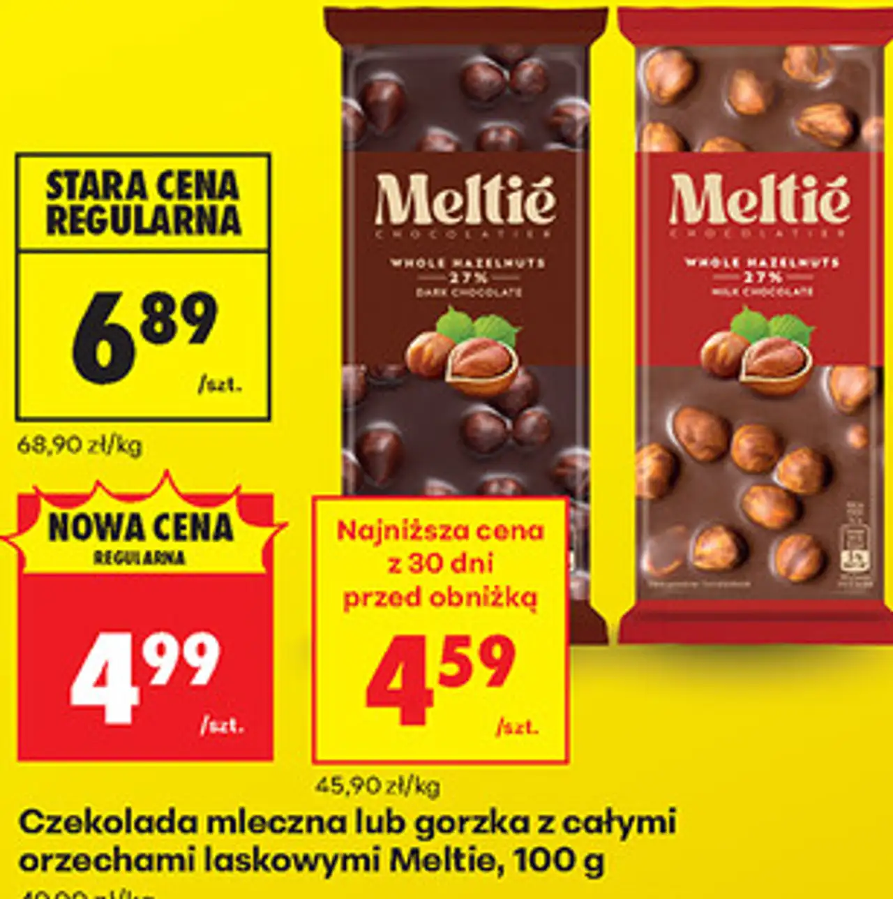 Czekolada mleczna lub gorzka z całymi orzechami laskowymi Meltie, 100 g