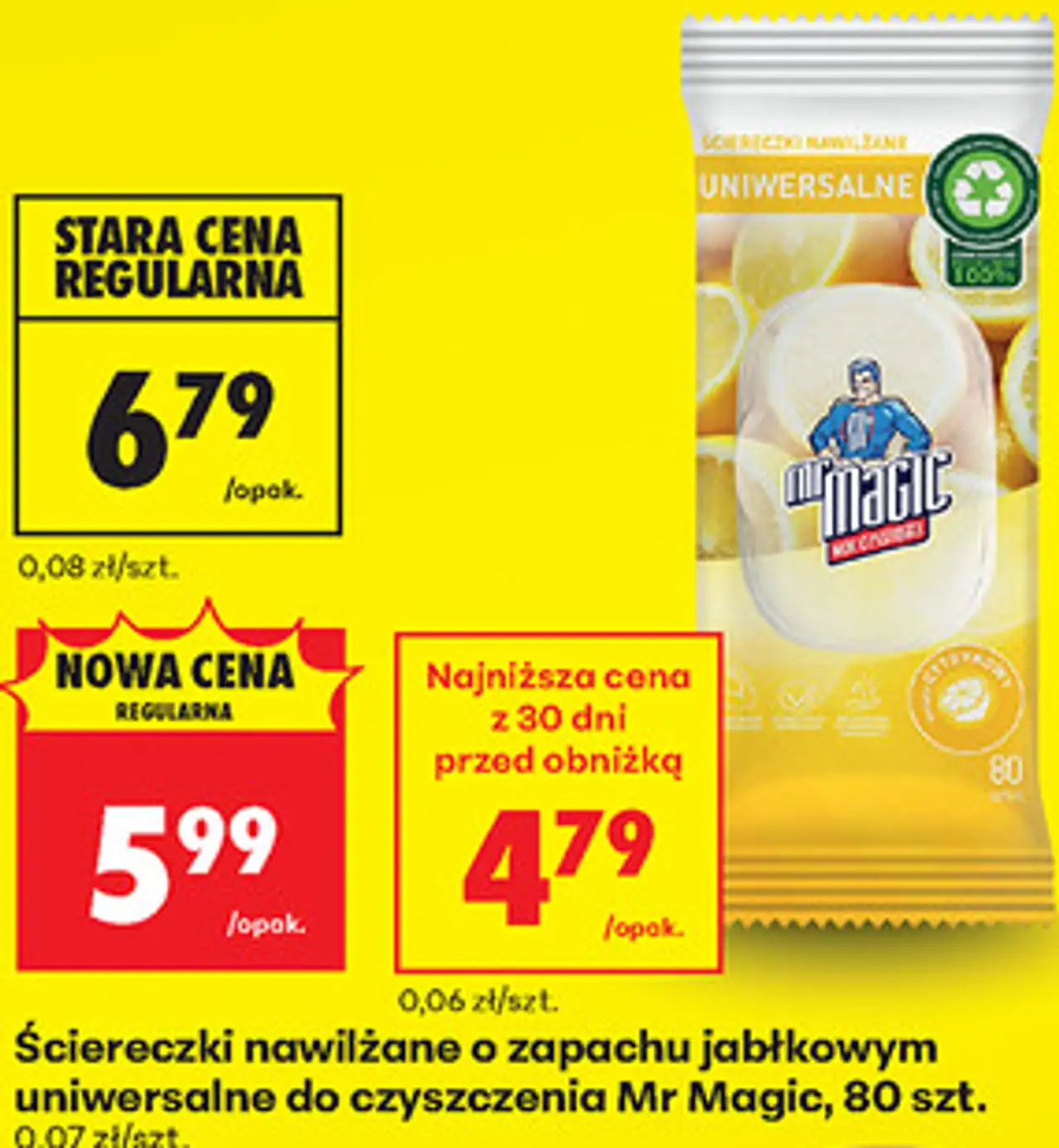 Ściereczki nawilżane o zapachu jabłkowym uniwersalne do czyszczenia Mr Magic, 80 szt.