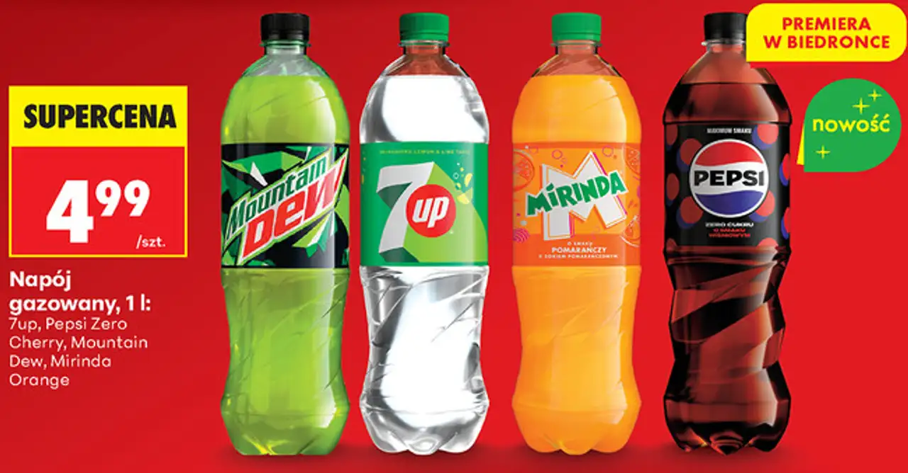 Napój gazowany 7up, Pepsi Zero Cherry, Mountain Dew, Mirinda Orange, 1 l