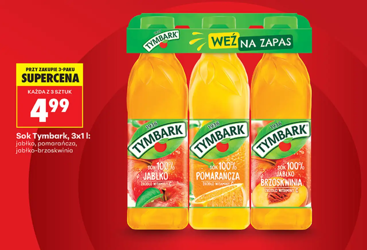 Sok Tymbark, 3x1 l: jabłko, pomarańcza, jabłko-brzoskwinia