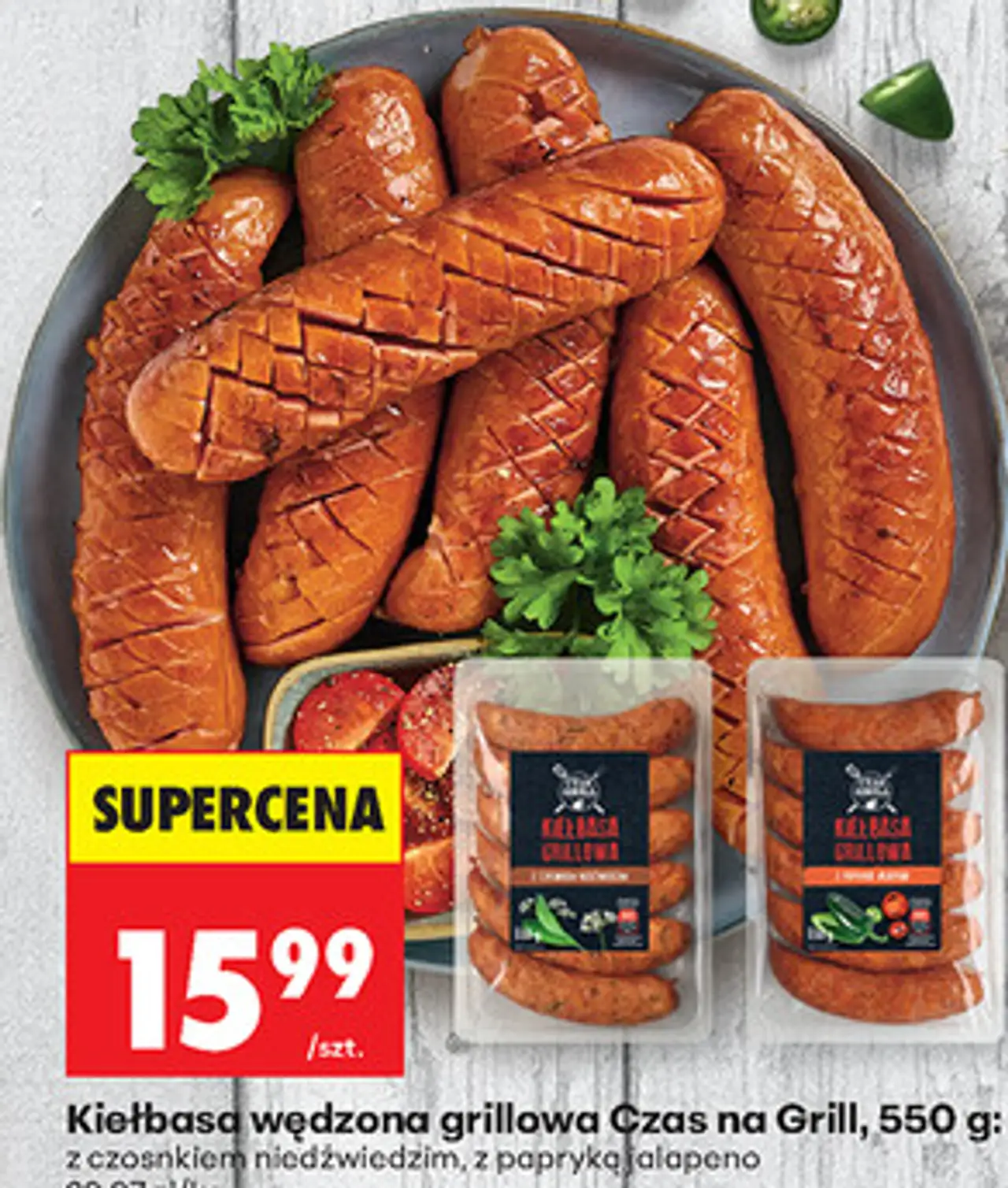 Kiełbasa wędzona grillowa Czas na Grill, 550 g: z czosnkiem niedźwiedzim, z papryką jalapeno