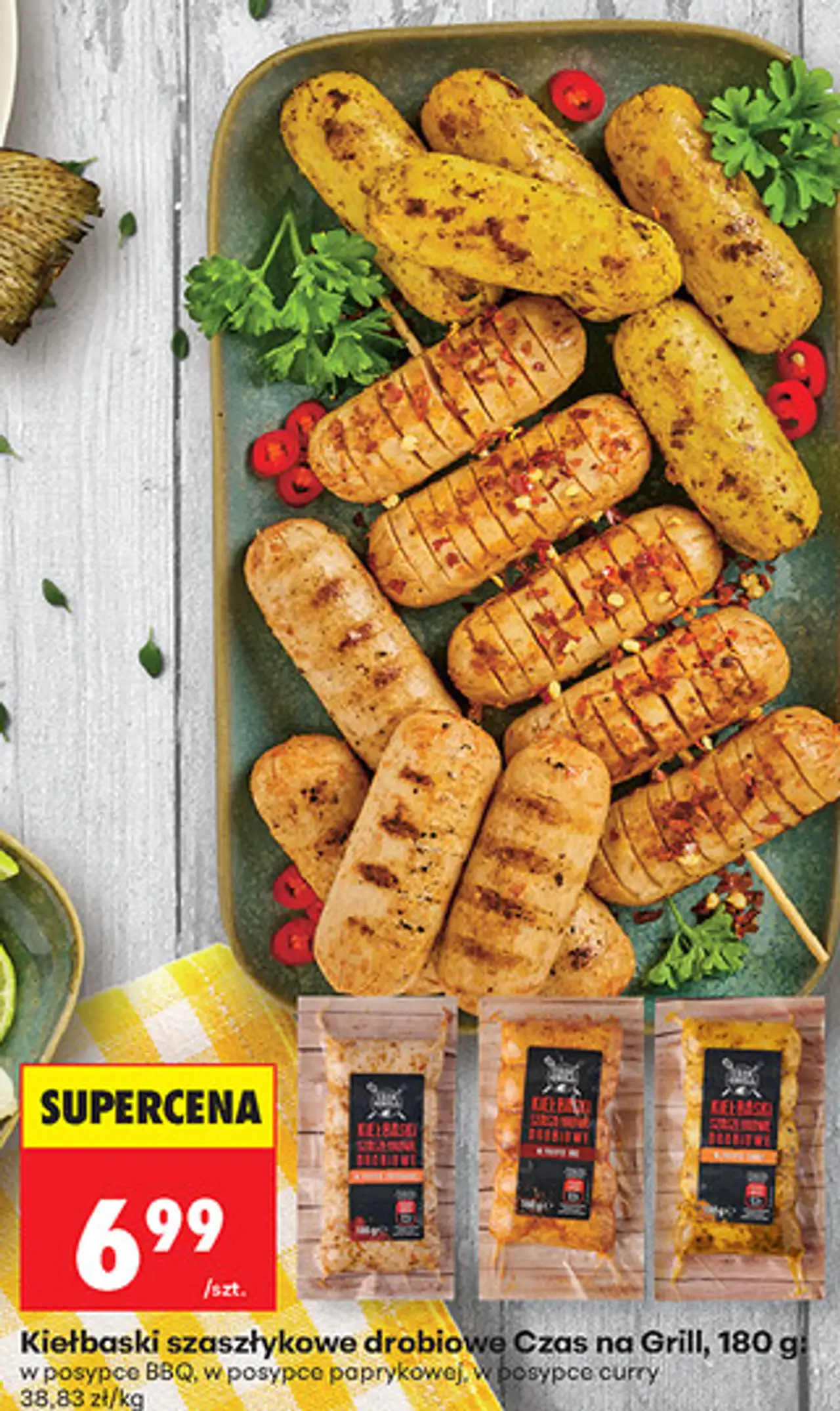 Kiełbaski szaszłykowe drobiowe Czas na Grill, 180 g: w posypce BBQ, w posypce paprykowej, w posypce curry