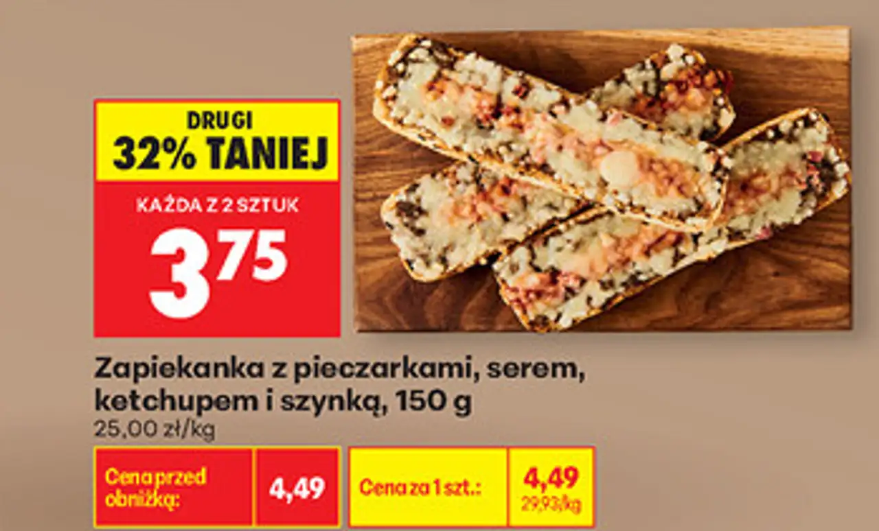 Zapiekanka z pieczarkami, serem, ketchupem i szynką, 150 g