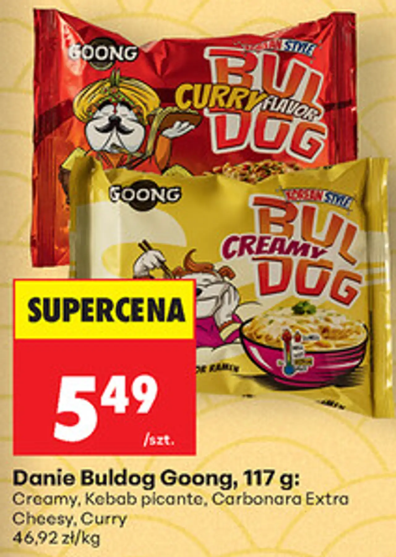 Danie Buldog Goong, 117 g: Creamy, Kebab picante, Carbonara Extra Cheesy, Curry
