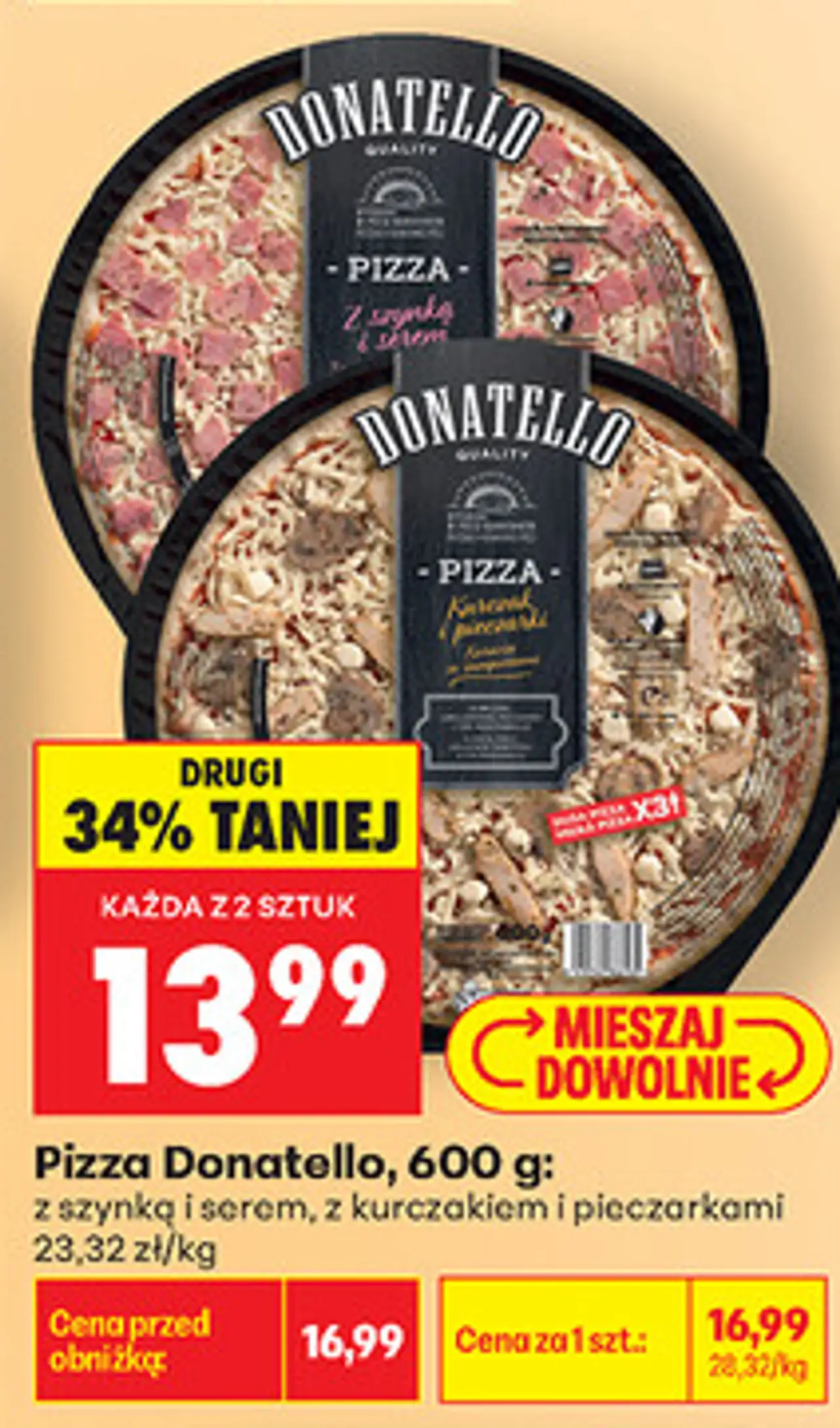 Pizza Donatello, 600 g: z szynką i serem, z kurczakiem i pieczarkami