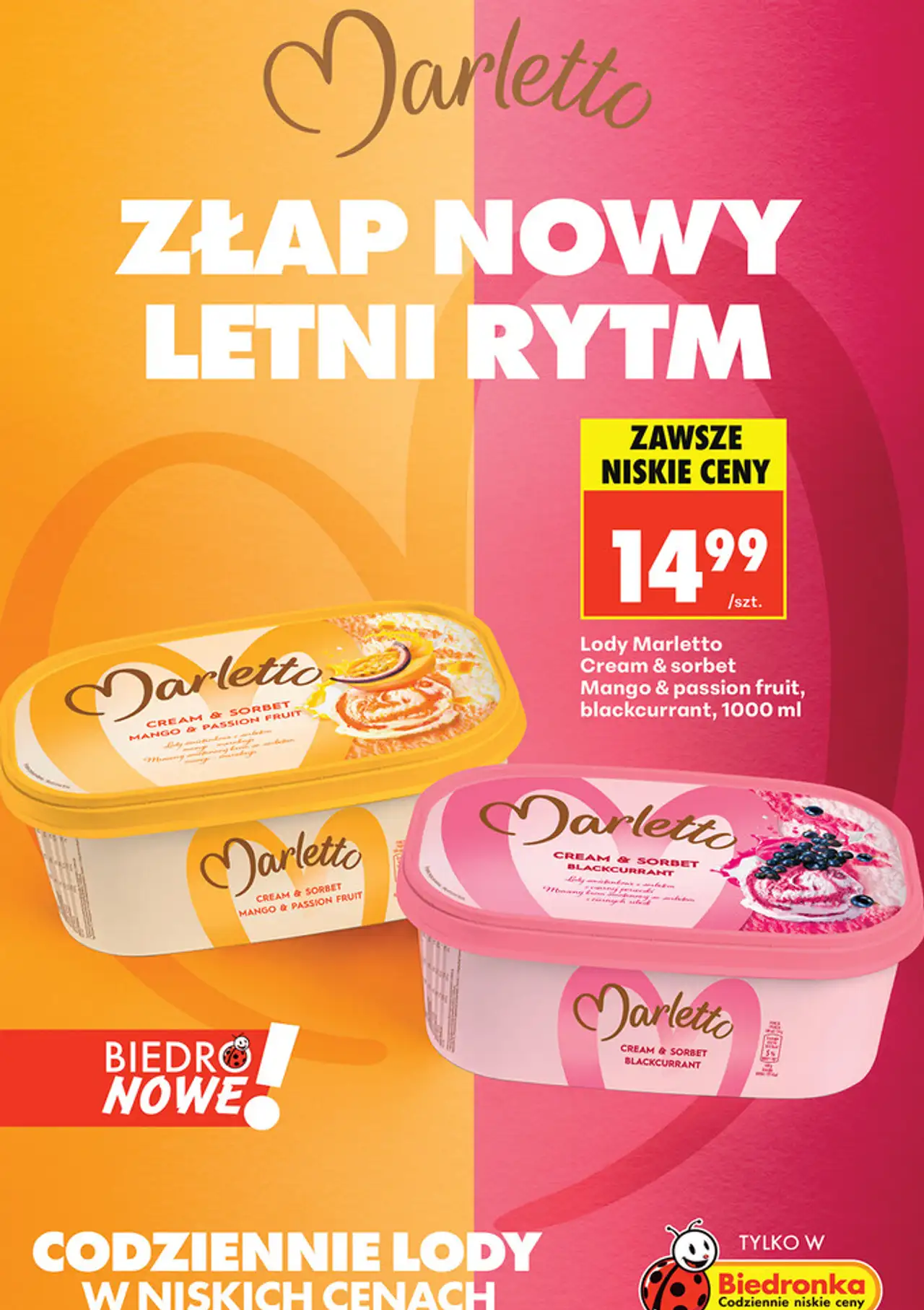 Lody Marletto Cream & sorbet Mango & passion fruit, blackcurrant, 1000 ml