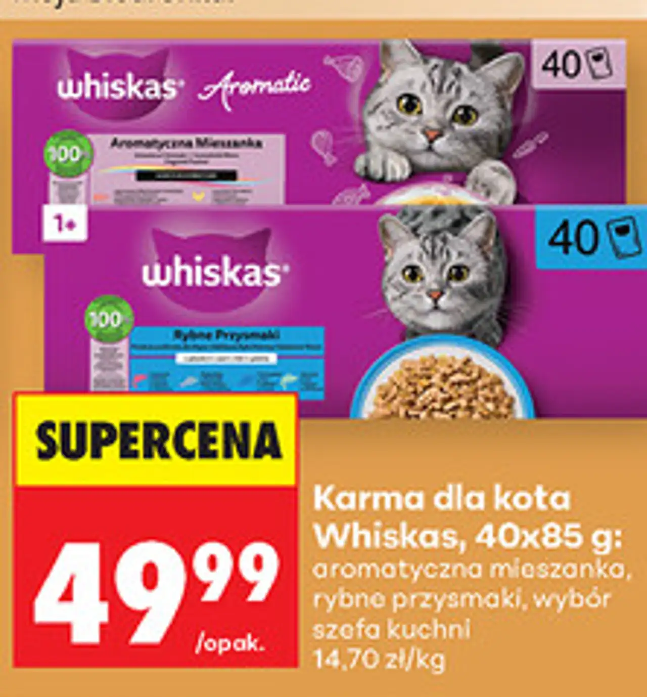 Karma dla kota Whiskas, 40x85 g: aromatyczna mieszanka, rybne przysmaki, wybór szefa kuchni
