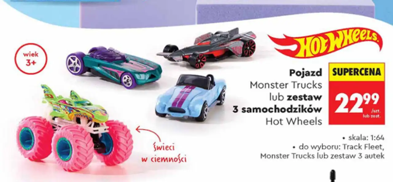 Pojazd Monster Trucks lub zestaw 3 samochodzików Hot Wheels