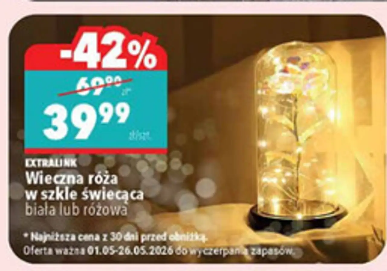 EXTRALINK Wieczna róża w szkle świecąca biała lub różowa