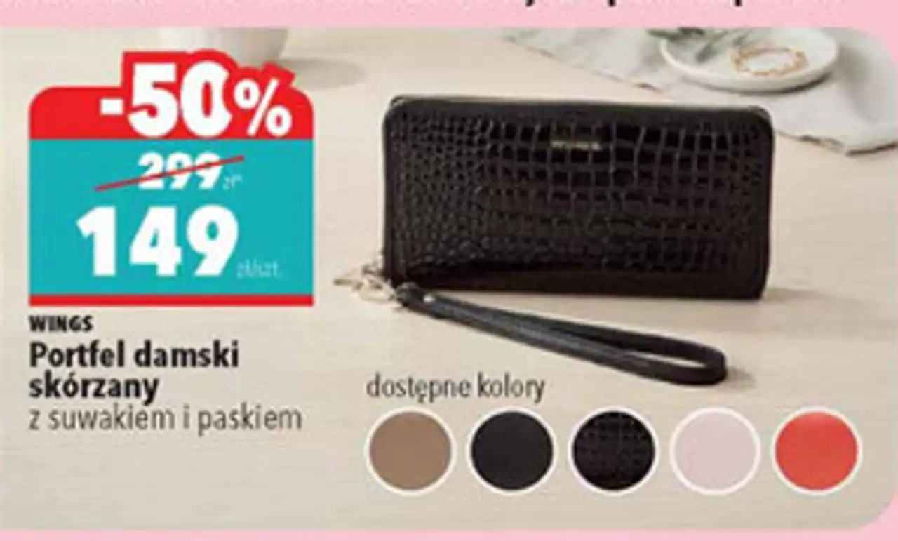 WINGS Portfel damski skórzany z suwakiem i paskiem