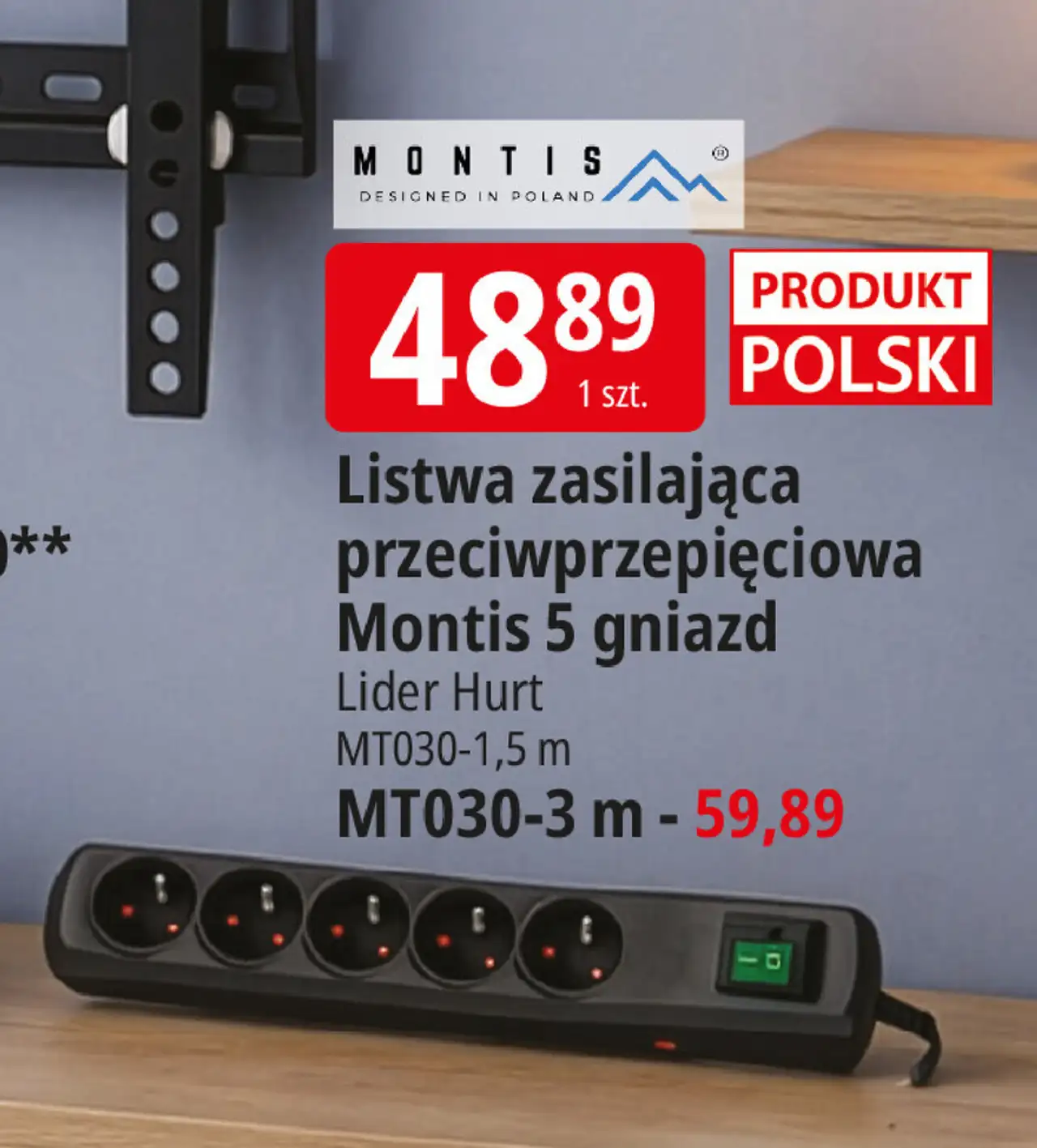 Listwa przeciwprzepięciowa 5 gniazd 3 m Montis