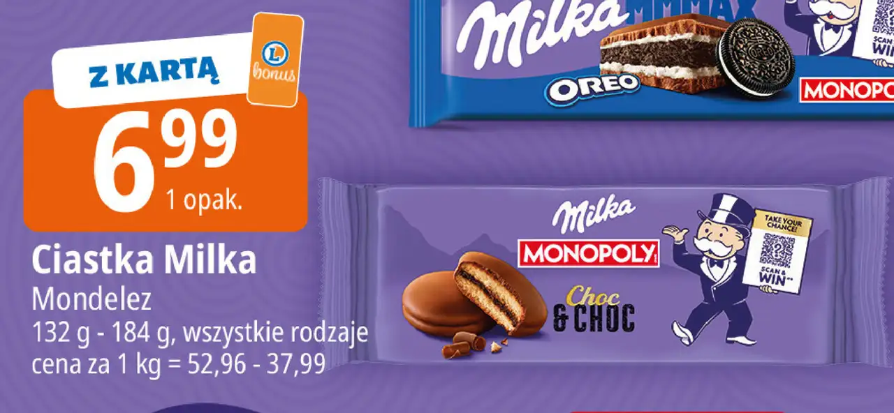 Ciastka biszkoptowe przekładane nadzieniem kakaowym i kawałkami czekolady Milka Choc &