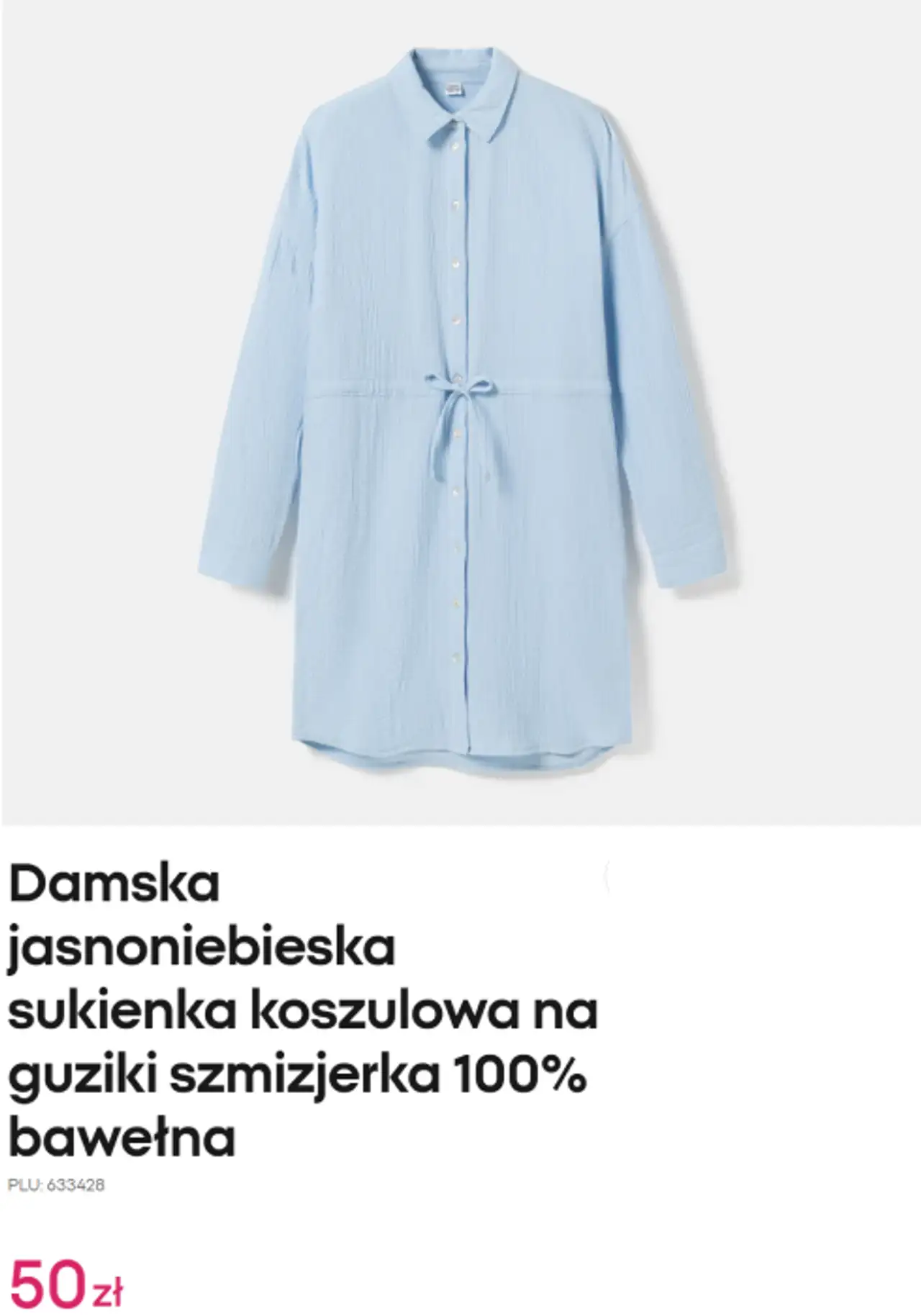 Damska jasnoniebieska sukienka koszulowa na guziki szmizjerka 100% bawełna