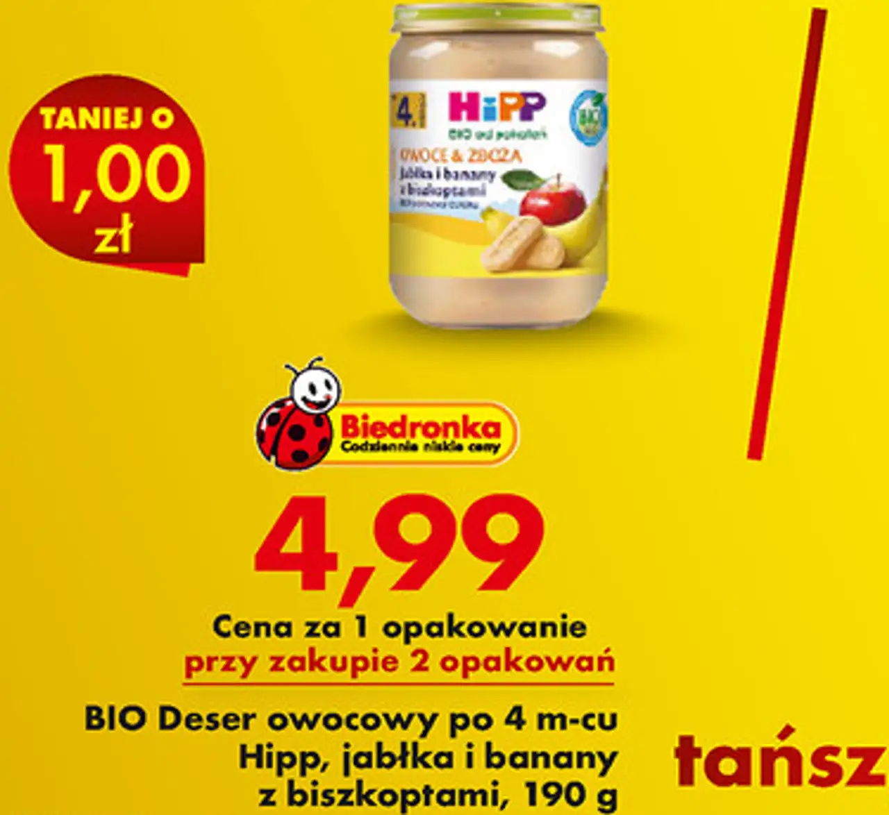 BIO Deser owocowy po 4 m-cu Hipp, jabłka i banany z biszkoptami, 190 g