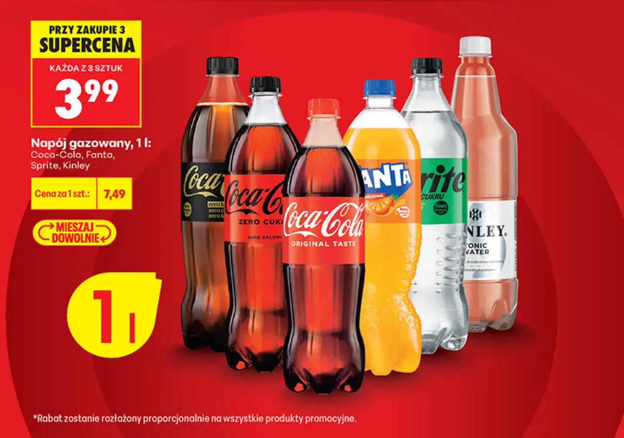 Napój gazowany, 1 l: Coca-Cola, Fanta, Sprite, Kinley