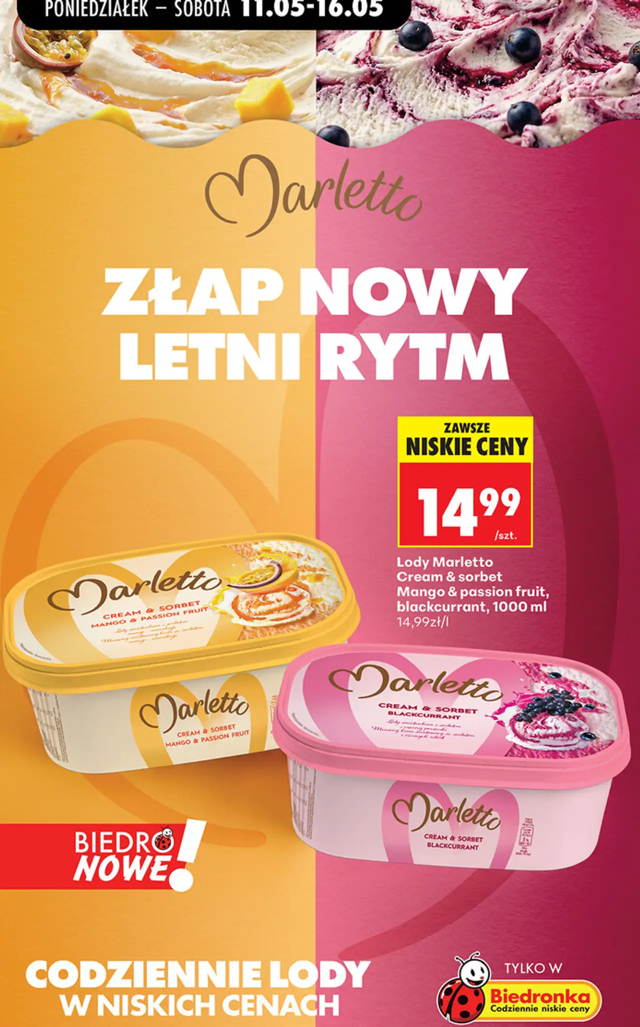 Lody Marletto Cream & sorbet Mango & passion fruit, blackcurrant, 1000 ml