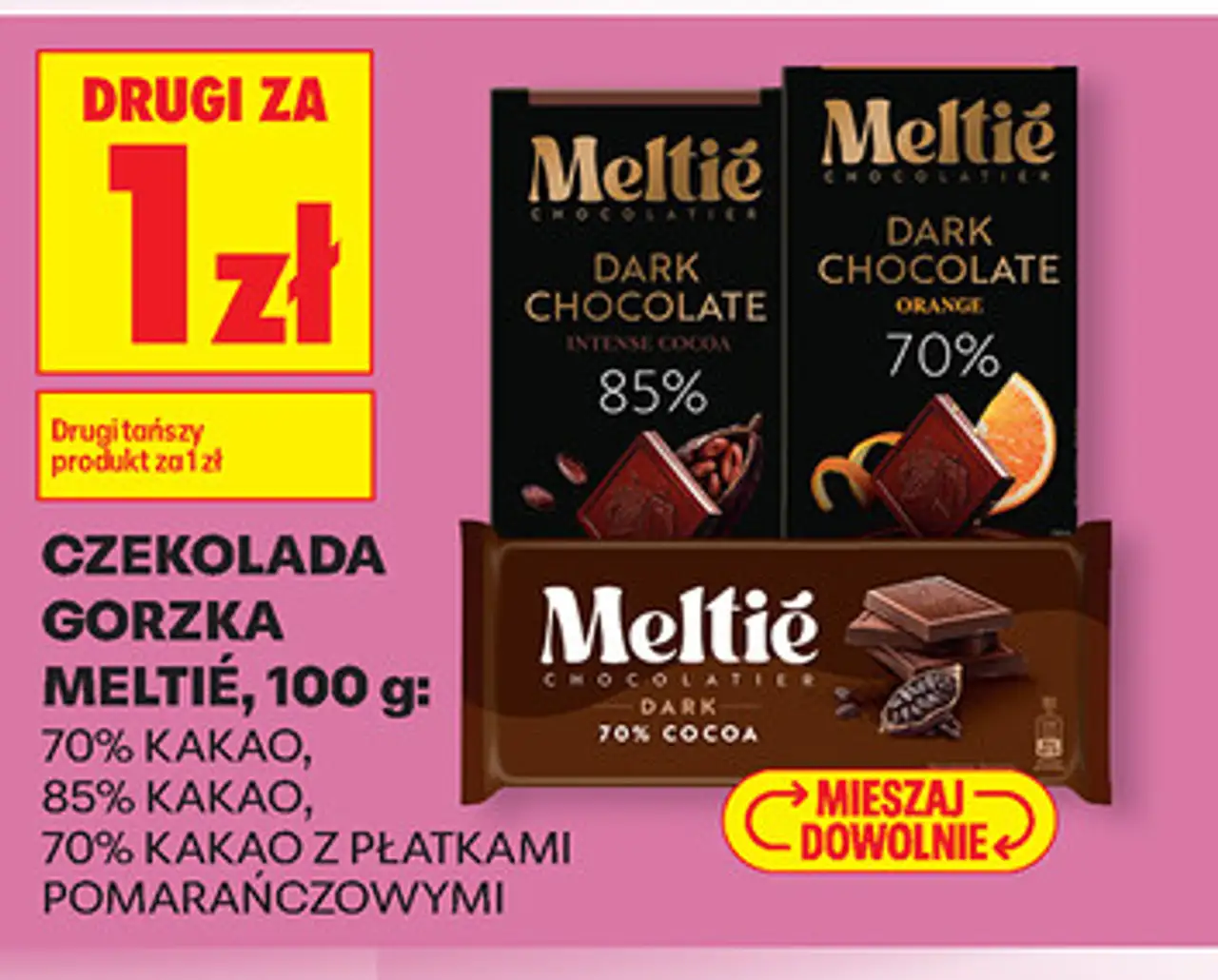 CZEKOLADA GORZKA MELTIÉ, 100 g: 70% KAKAO, 85% KAKAO, 70% KAKAO Z PŁATKAMI POMARAŃCZOWYMI