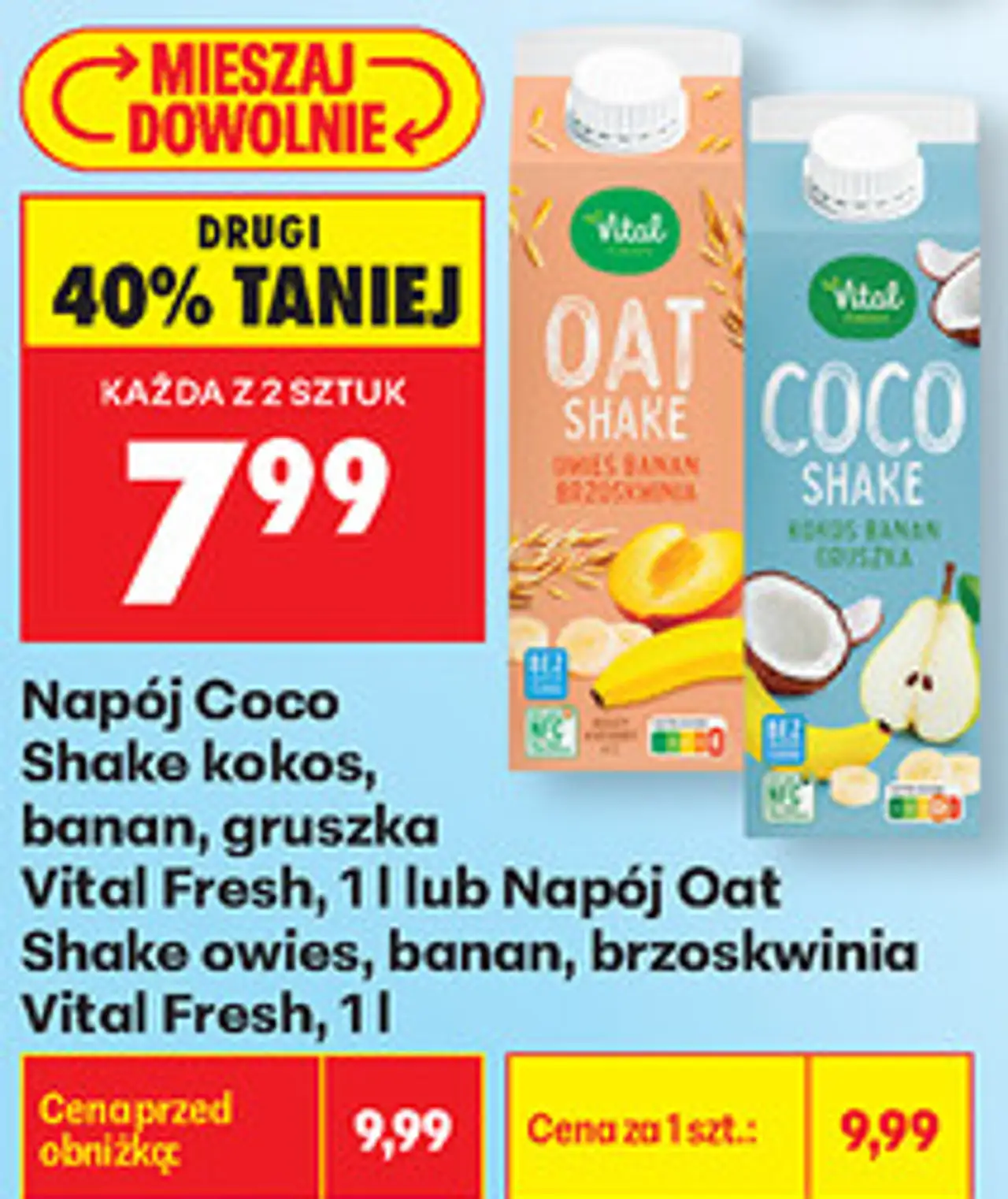 Napój Coco Shake kokos, banan, gruszka Vital Fresh, 1 l lub Napój Oat Shake owies, banan, brzoskwinia Vital Fresh, 1 l