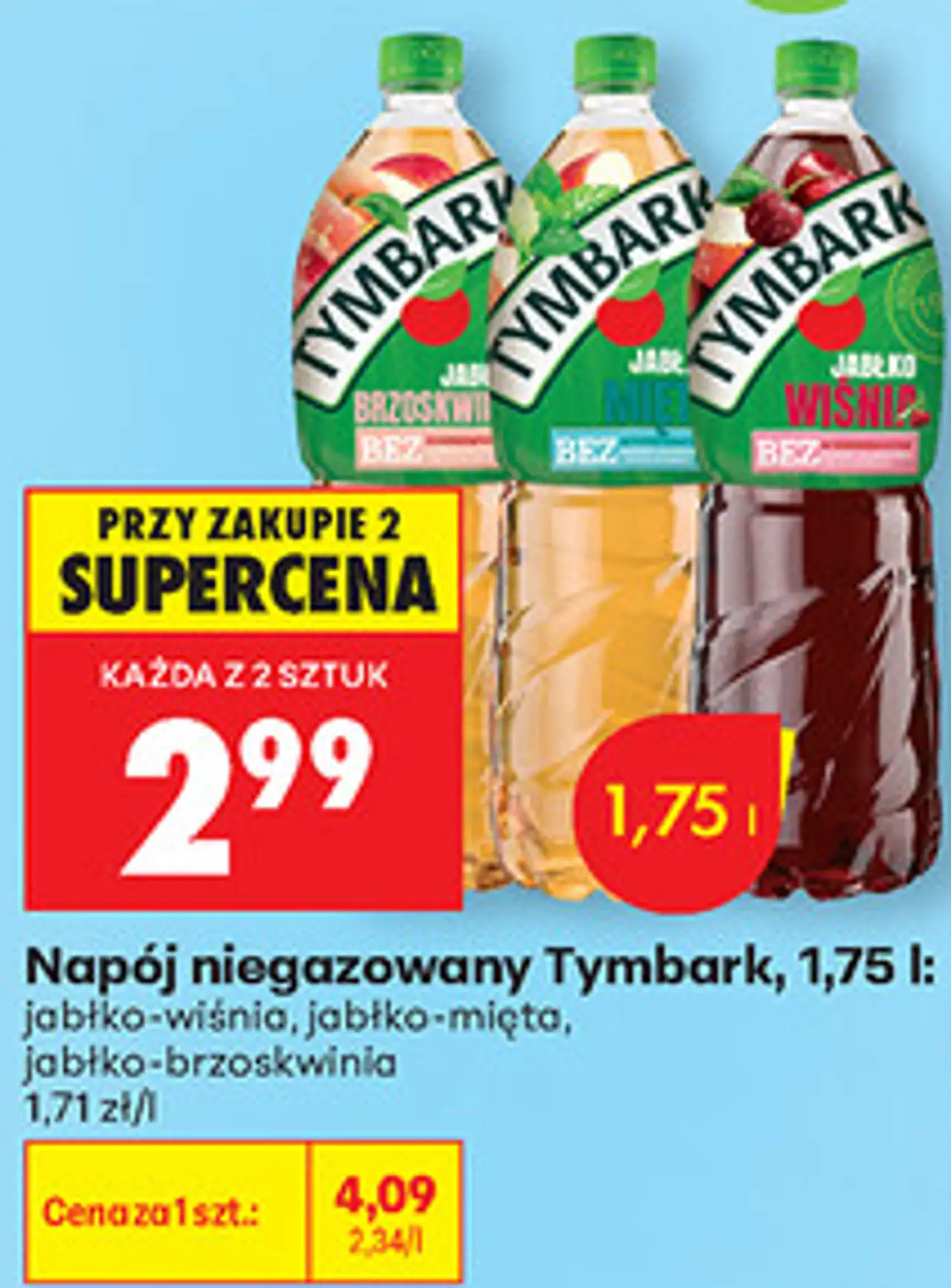 Napój niegazowany Tymbark, 1,75 l: jabłko-wiśnia, jabłko-mięta, jabłko-brzoskwinia