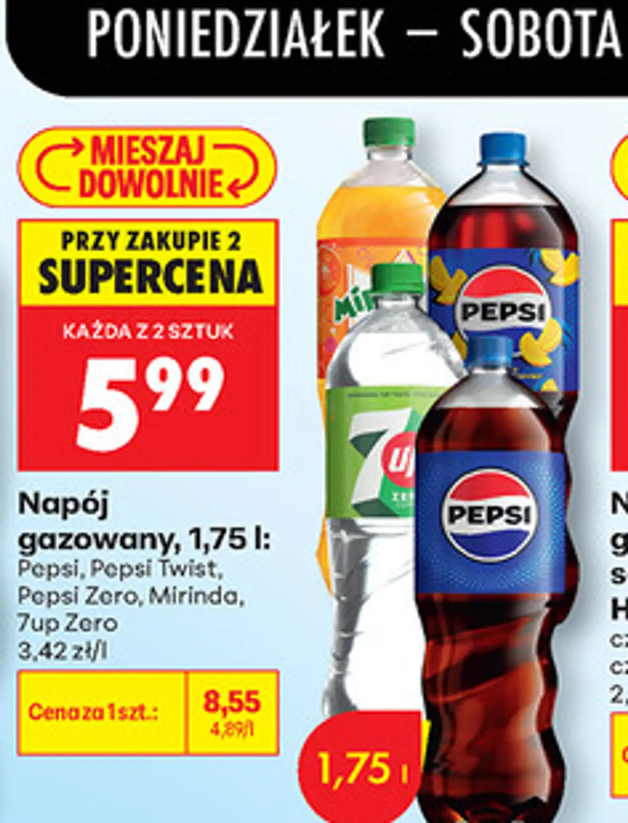 Napój gazowany, 1,75 l: Pepsi, Pepsi Twist, Pepsi Zero, Mirinda, 7up Zero