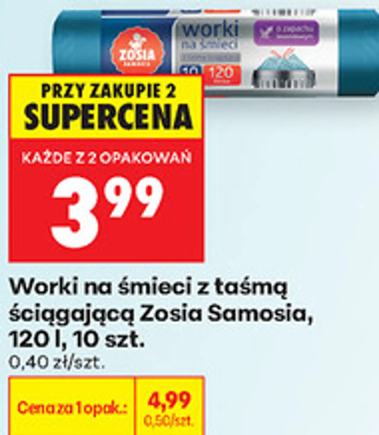 Worki na śmieci z taśmą ściągającą Zosia Samosia, 120 l, 10 szt.