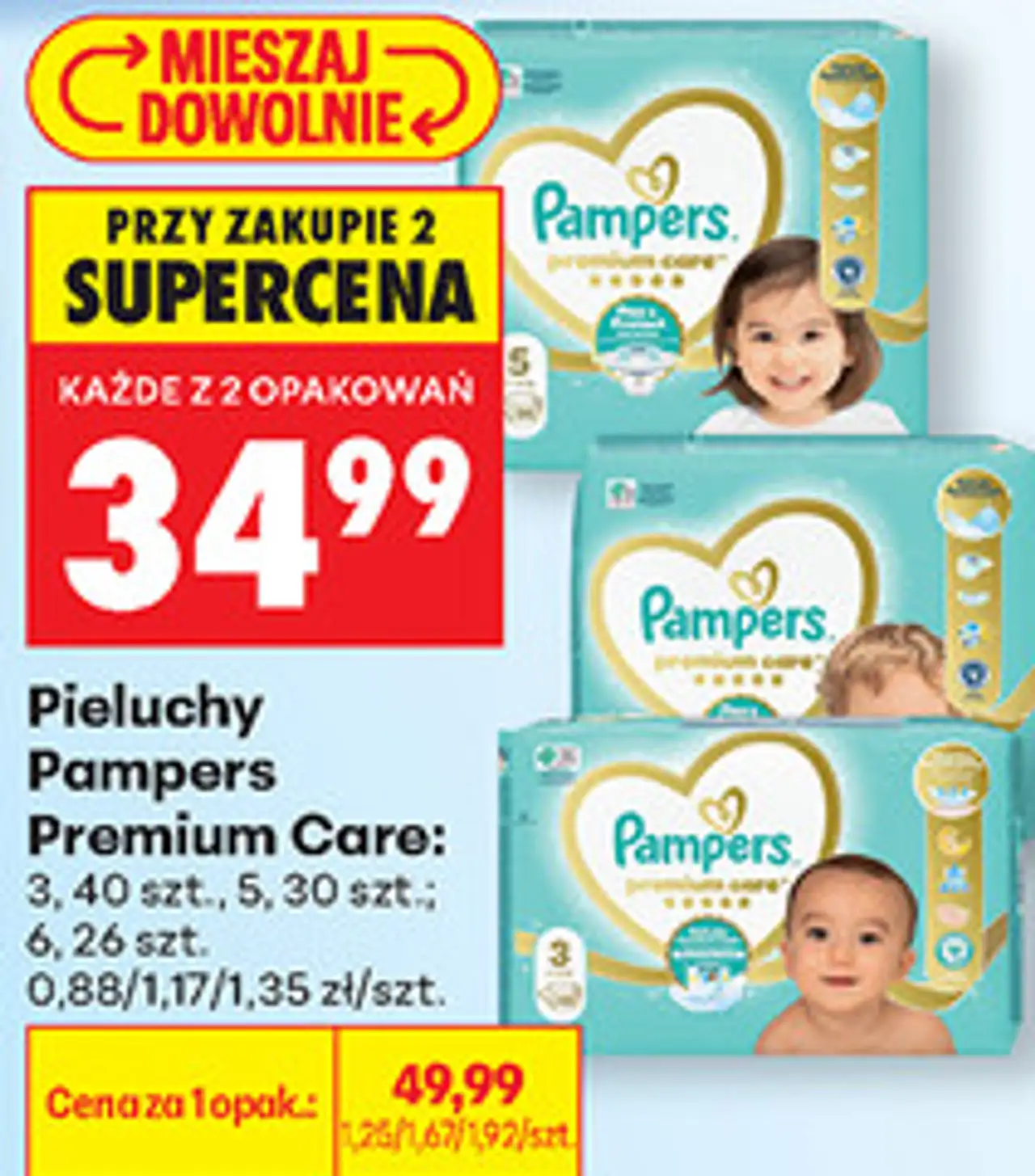 Pieluchy Pampers Premium Care: 3, 40 szt., 5, 30 szt.; 6, 26 szt.