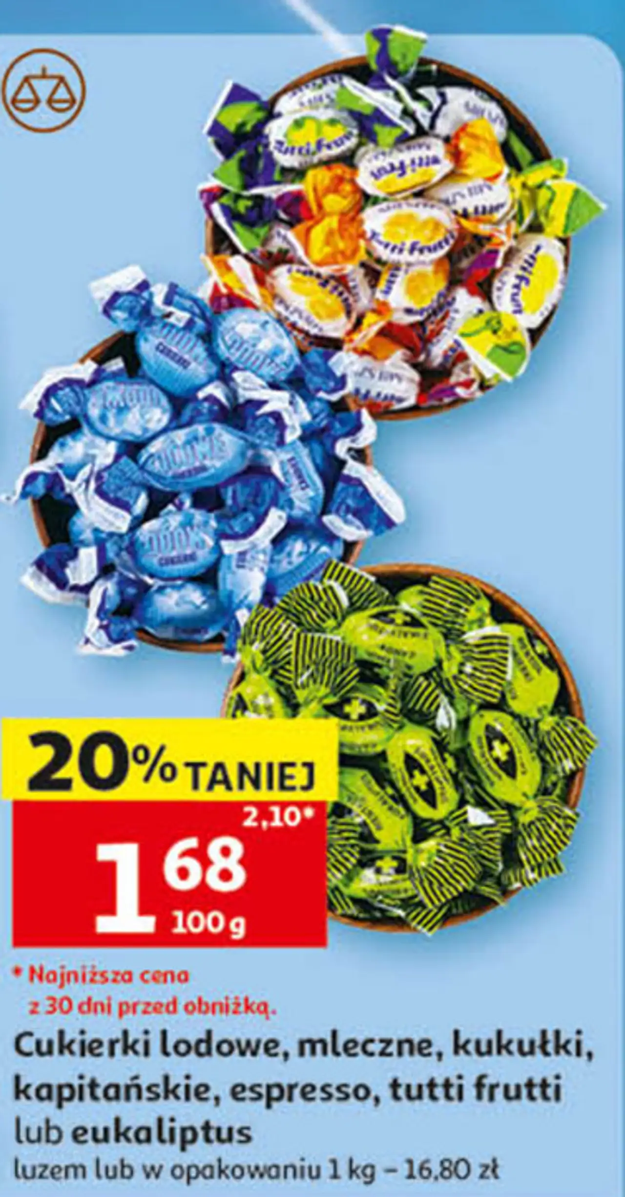 Cukierki lodowe, mleczne, kukułki, kapitańskie, espresso, tutti frutti lub eukaliptus