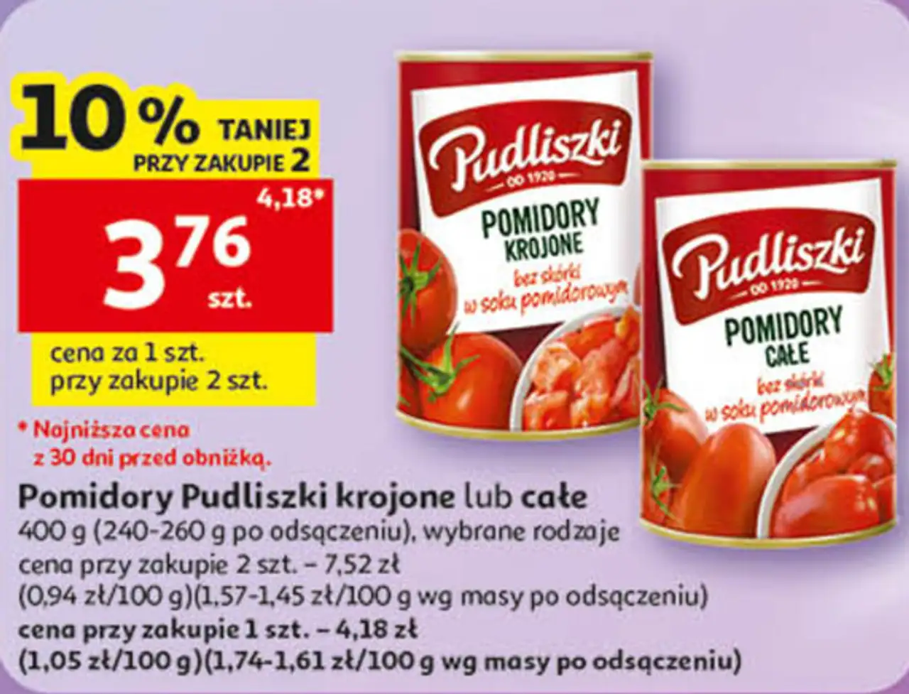 Pomidory Pudliszki krojone lub całe 400 g (240-260 g po odsączeniu), wybrane rodzaje