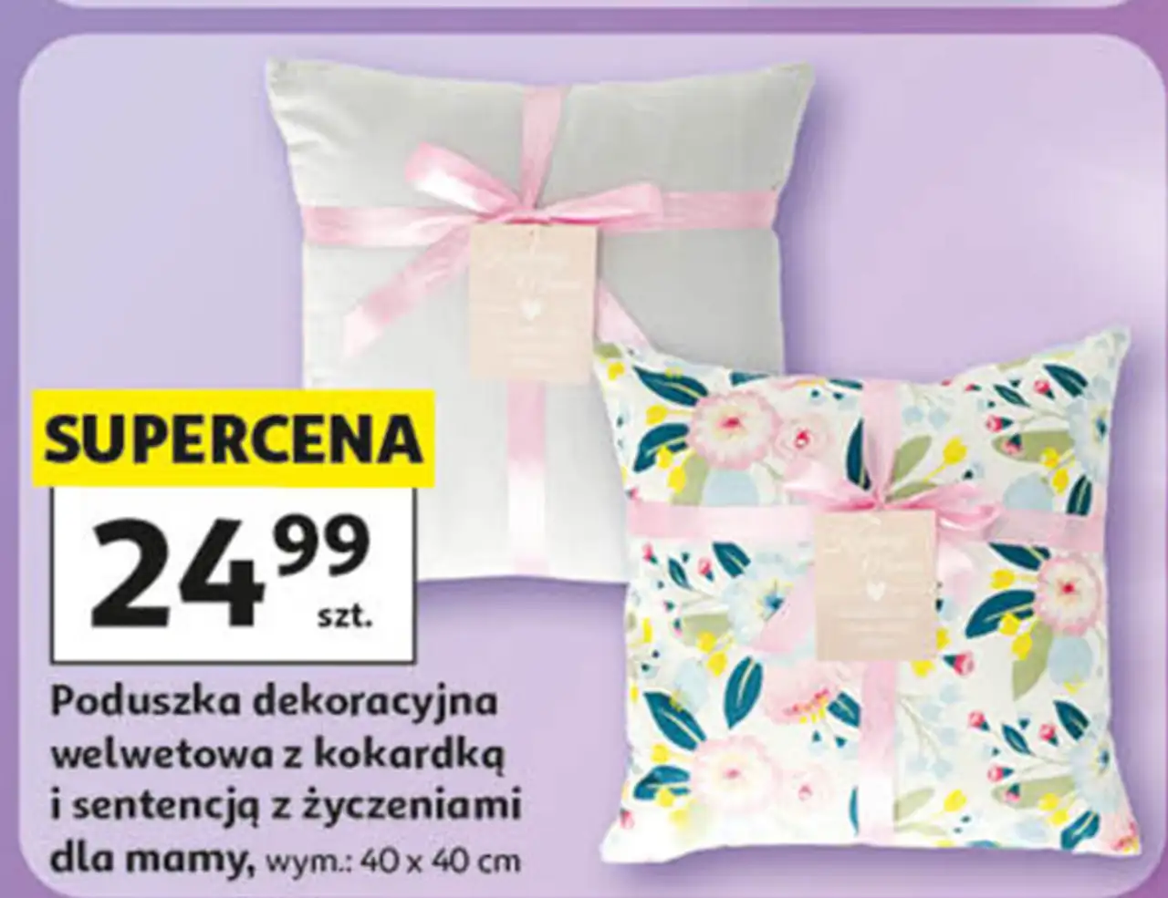 Poduszka dekoracyjna welwetowa z kokardką i sentencją z życzeniami dla mamy