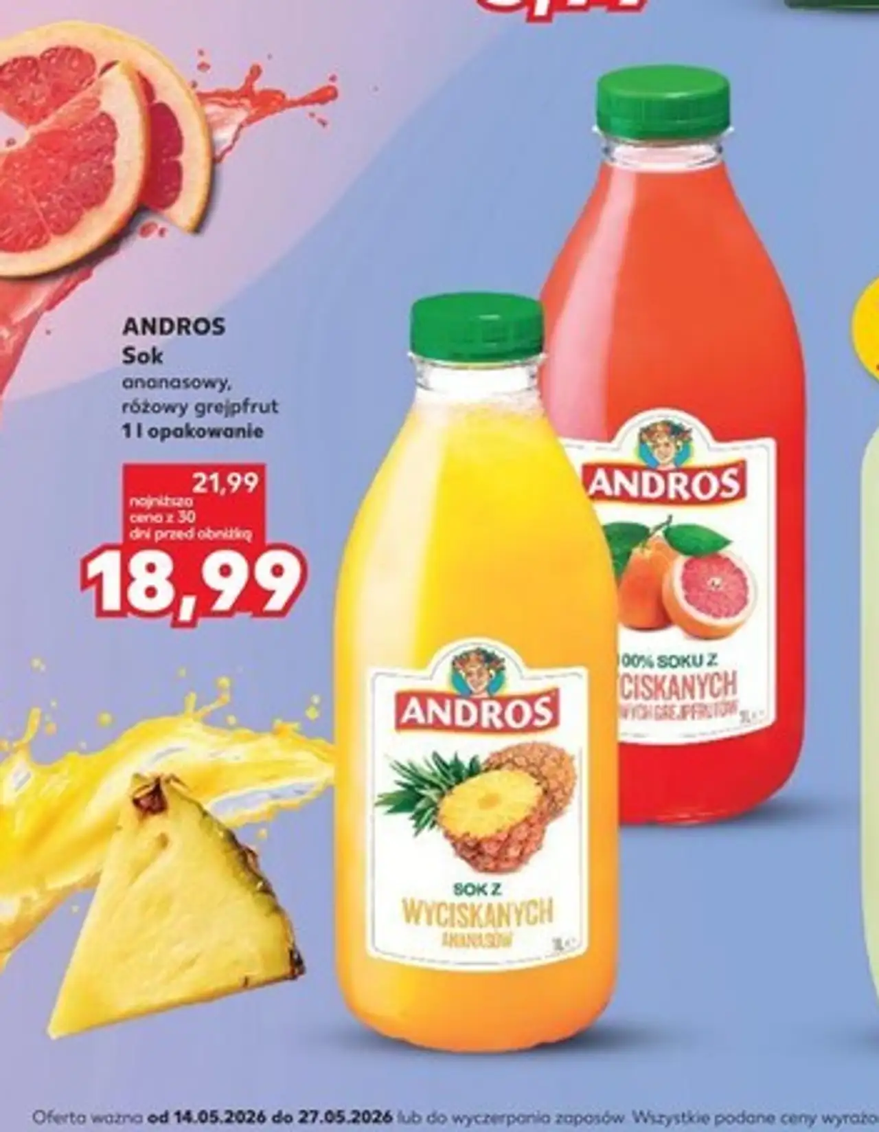 ANDROS Sok ananasowy, różowy grejpfrut 1 l opakowanie