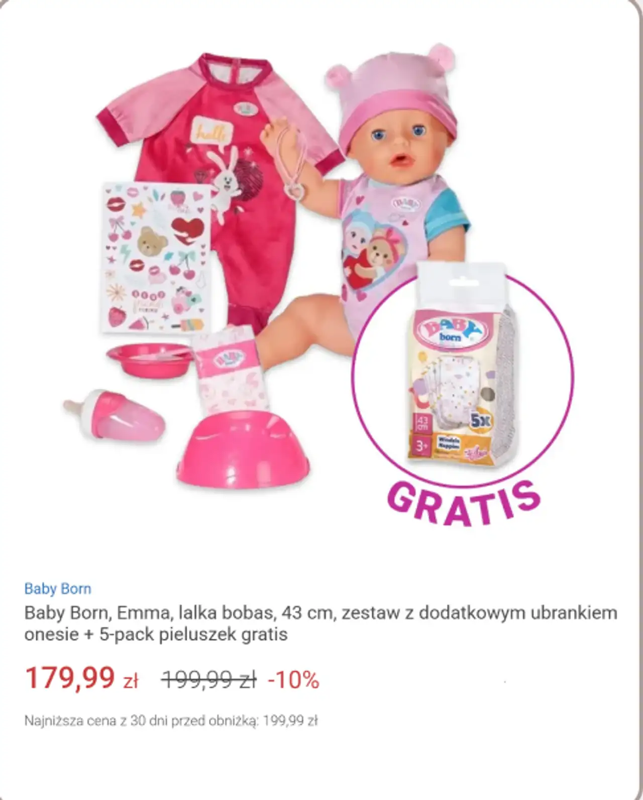 Baby Born, Emma, lalka bobas, 43 cm, zestaw z dodatkowym ubrankiem onesie + 5-pack pieluszek gratis