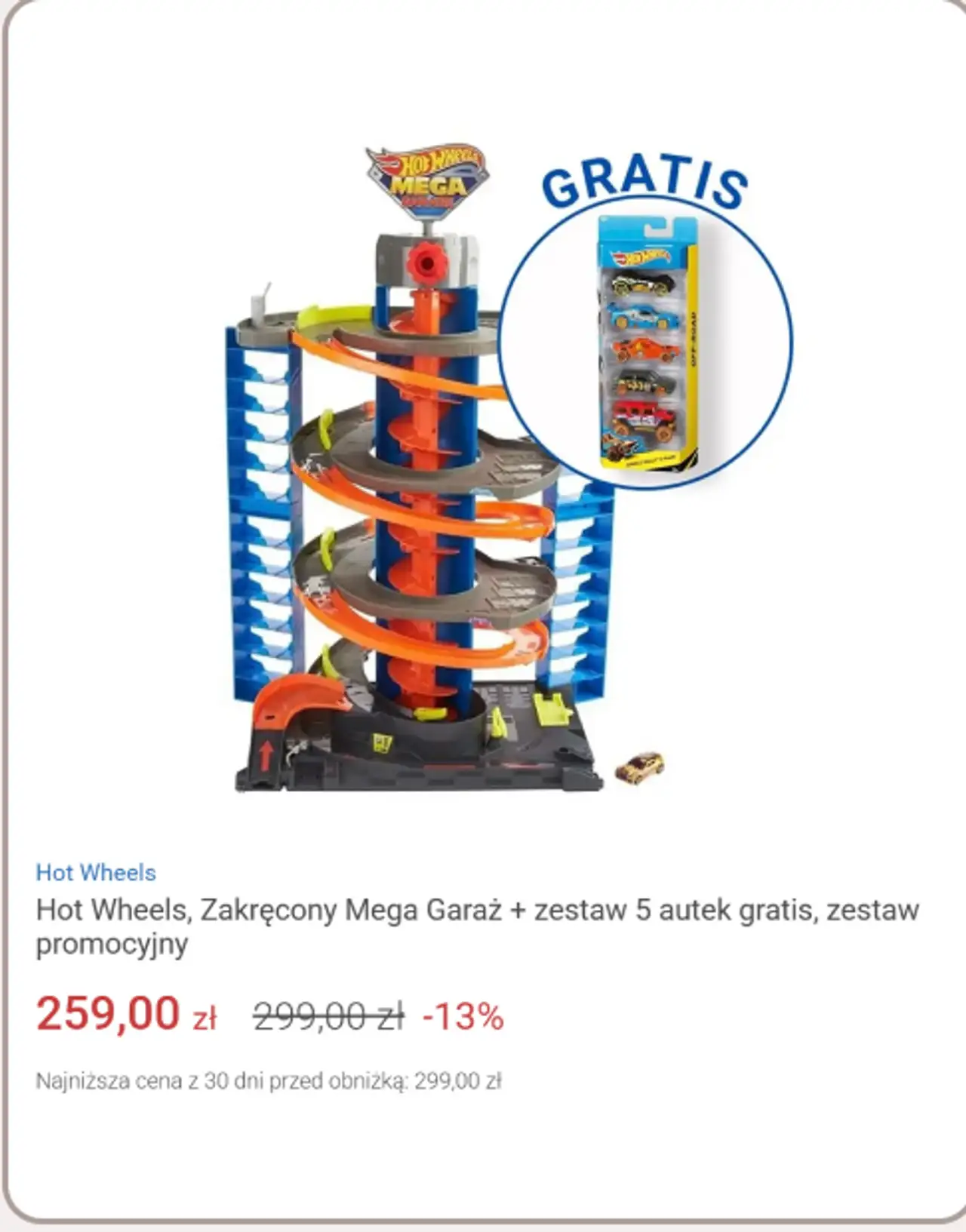 Hot Wheels, Zakręcony Mega Garaż + zestaw 5 autek gratis, zestaw promocyjny