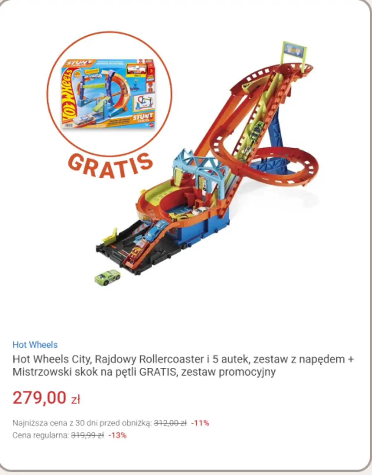 Hot Wheels City, Rajdowy Rollercoaster i 5 autek, zestaw z napędem + Mistrzowski skok na pętli GRATIS, zestaw promocyjny