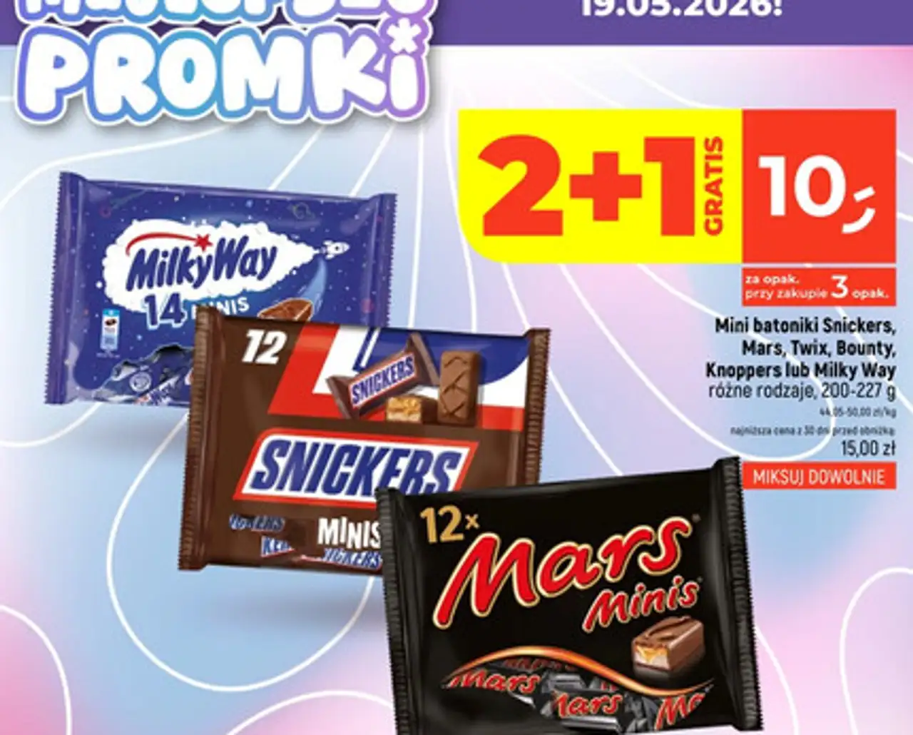 Mini batoniki Snickers, Mars, Twix, Bounty, Knoppers lub Milky Way różne rodzaje, 200-227 g