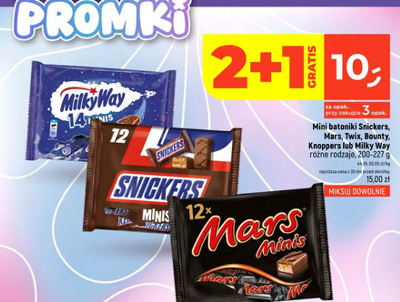 Mini batoniki Snickers, Mars, Twix, Bounty, Knoppers lub Milky Way
