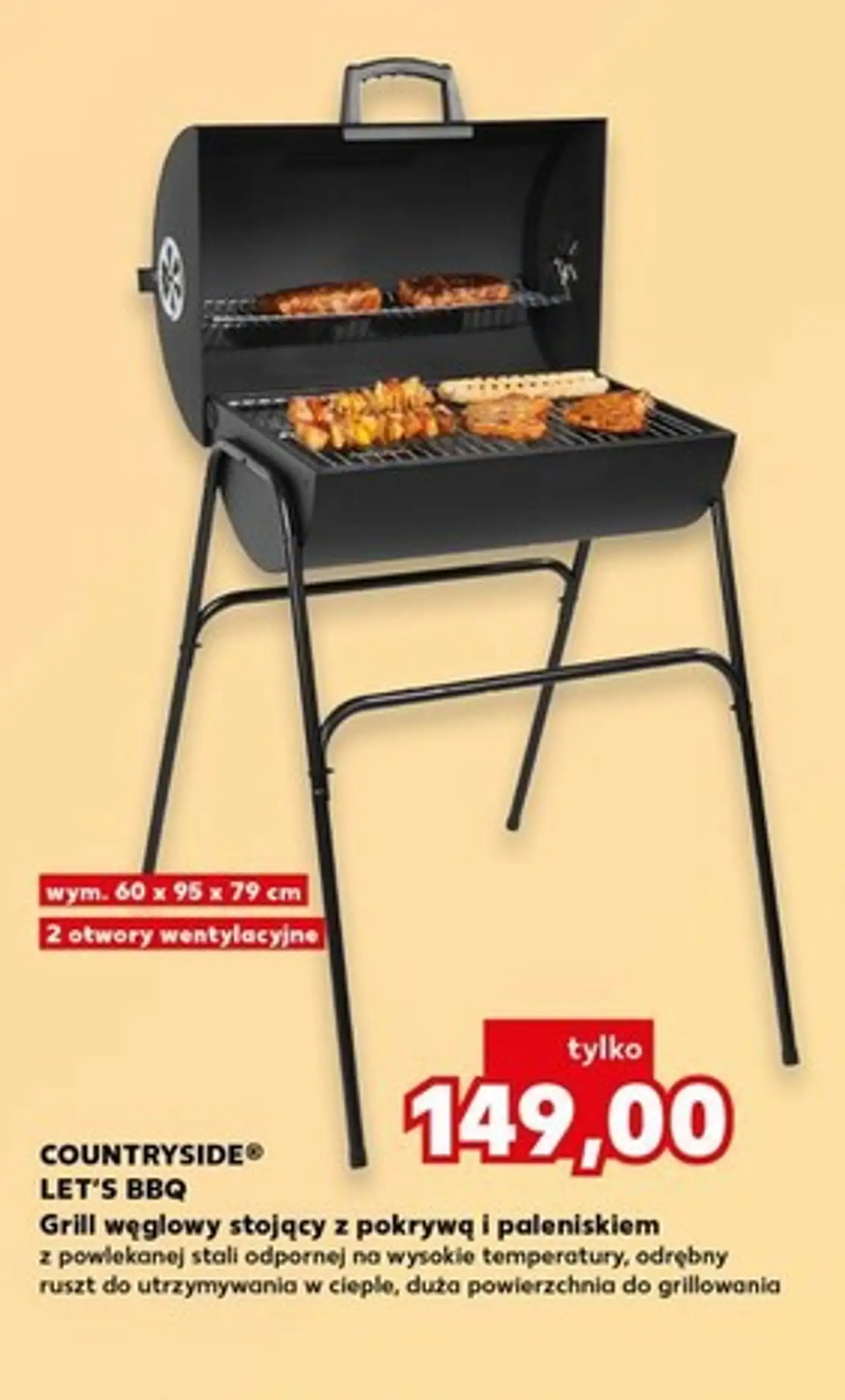 COUNTRYSIDE® LET'S BBQ Grill węglowy stojący z pokrywą i paleniskiem