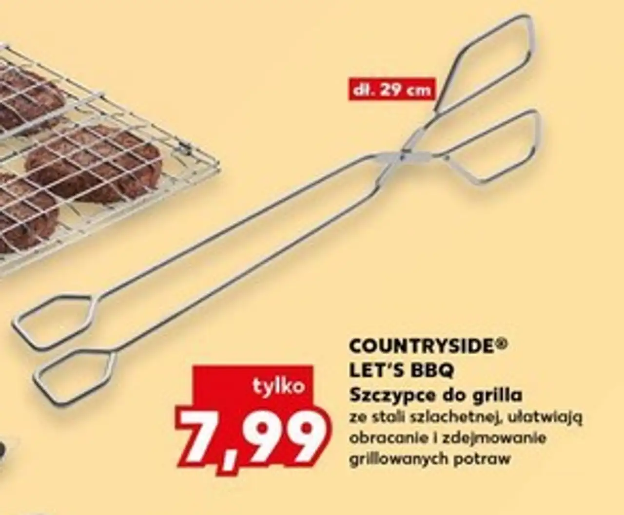 Szczypce do grilla ze stali szlachetnej, ułatwiają obracanie i zdejmowanie grillowanych potraw