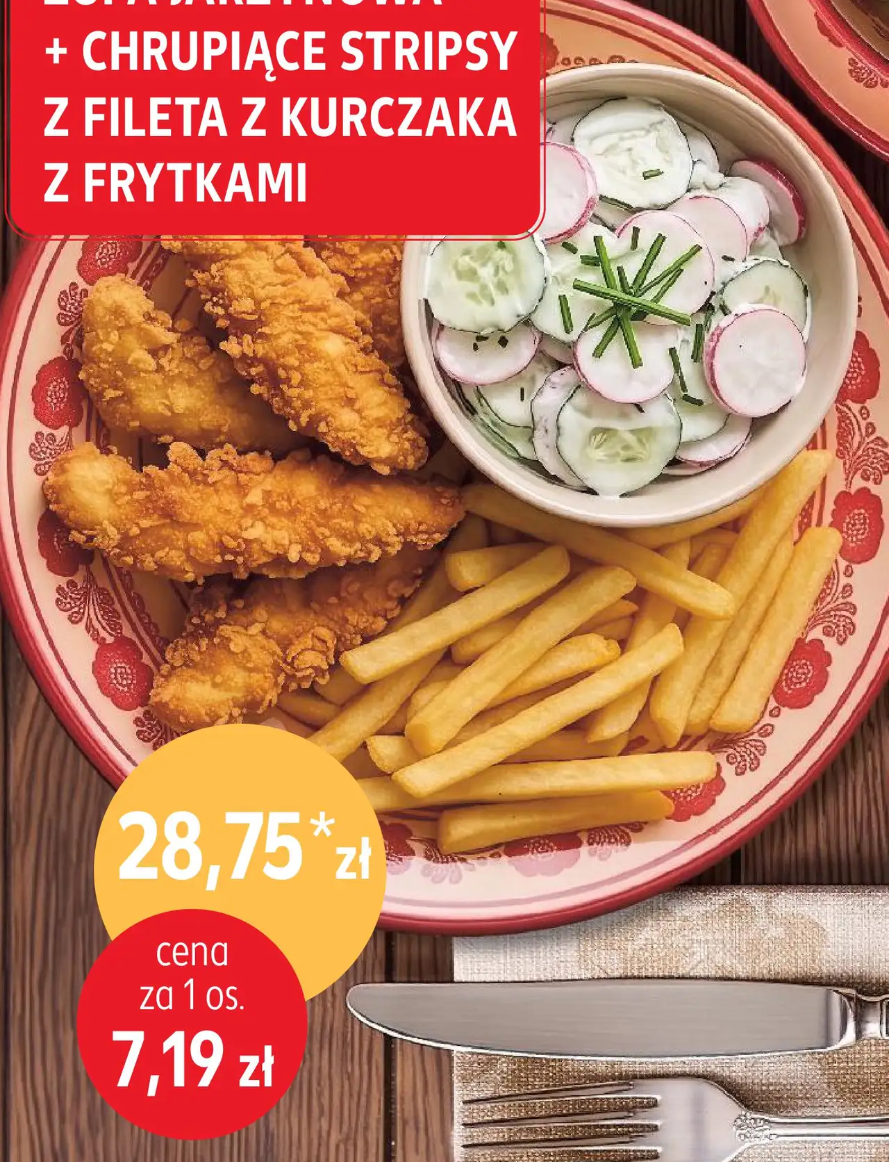 Zupa jarzynowa + chrupiące stripsy z fileta z kurczaka z frytkami