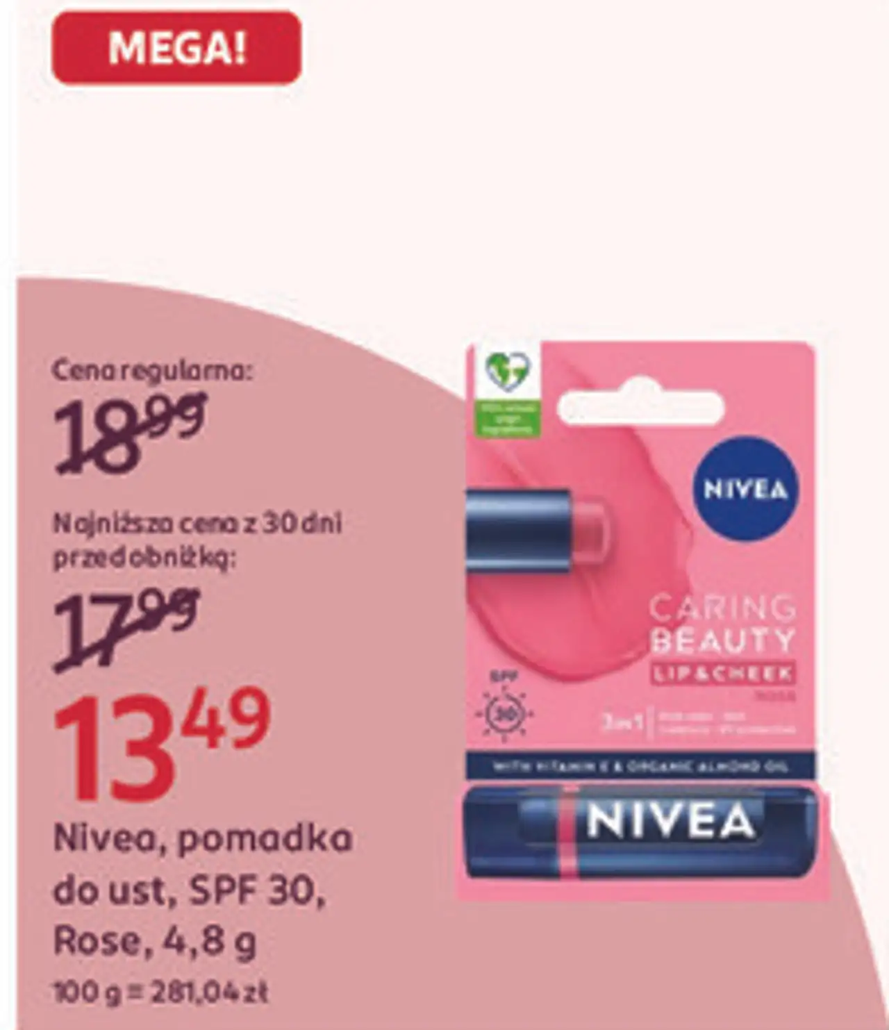 Nivea, pomadka do ust, SPF 30, Rose, 4,8 g