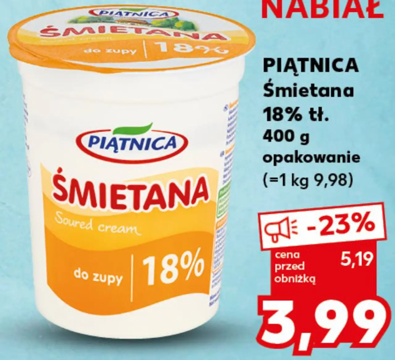 PIĄTNICA Śmietana 18% tł. 400 g opakowanie