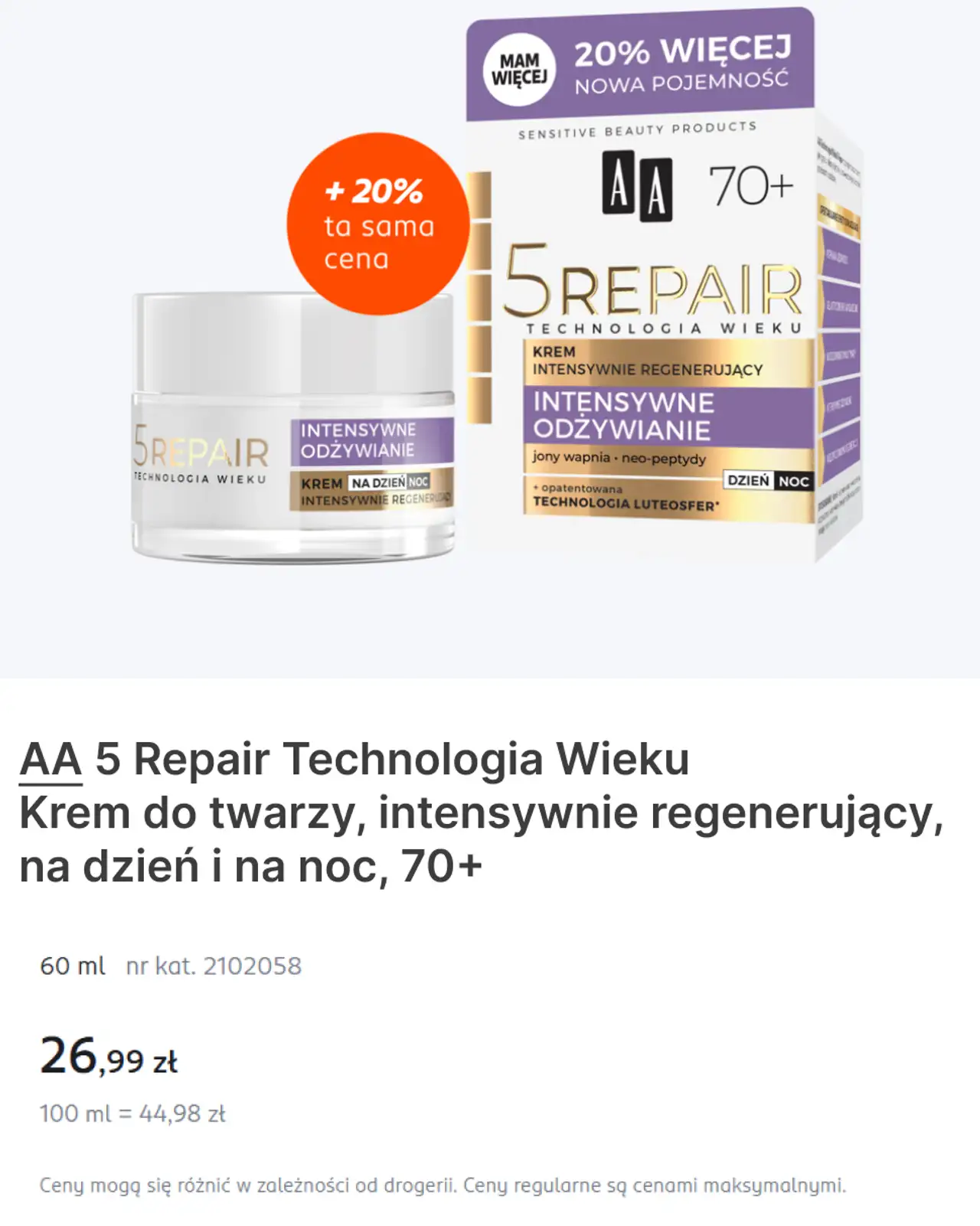 AA 5 Repair Technologia Wieku Krem do twarzy, intensywnie regenerujący, na dzień i na noc, 70+