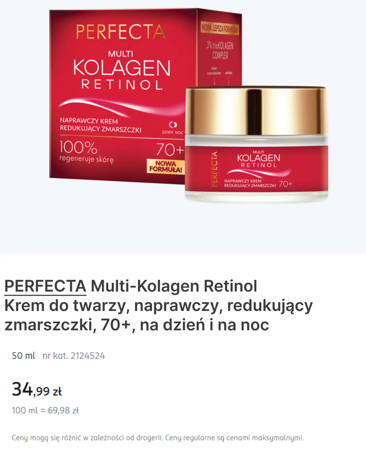PERFECTA Multi-Kolagen Retinol Krem do twarzy, naprawczy, redukujący zmarszczki, 70+, na dzień i na noc