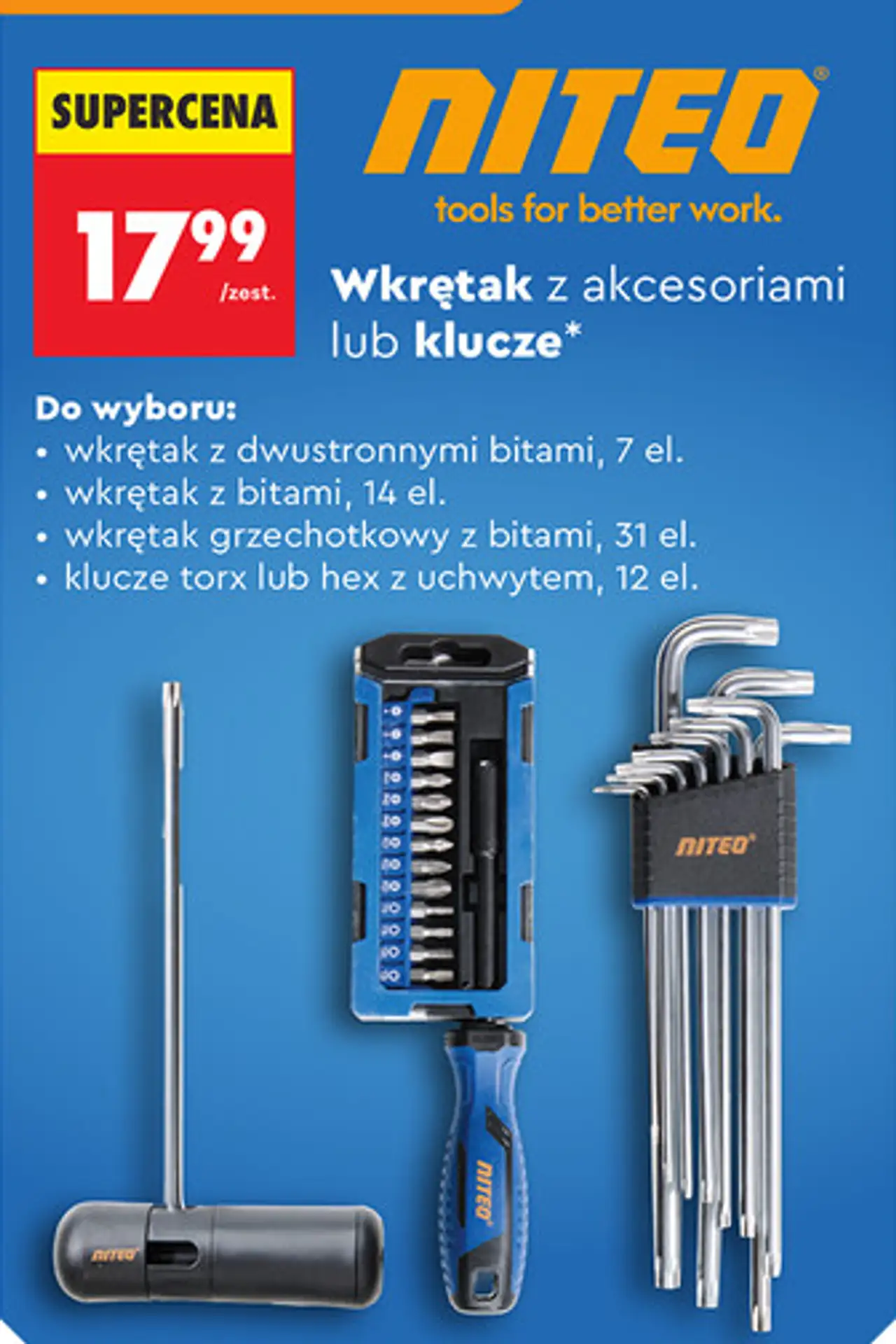 Wkrętak z akcesoriami lub klucze NITEO