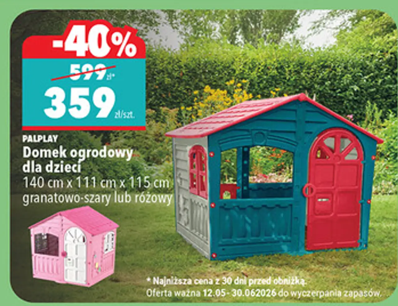 Domek ogrodowy dla dzieci PALPLAY 140 cm x 111 cm x 115 cm granatowo-szary lub różowy
